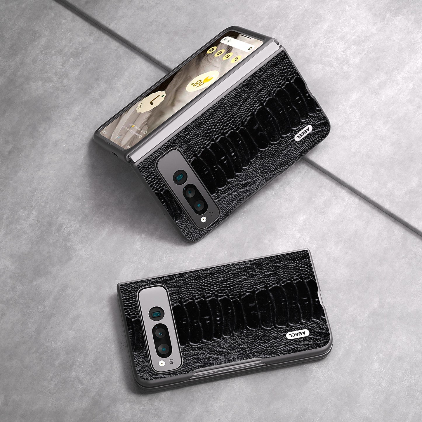 Uniqkart for Google Pixel Fold Crocodile Texture Phone Case Genuine Cow Leather+PC Anti-Fall Cover - Black