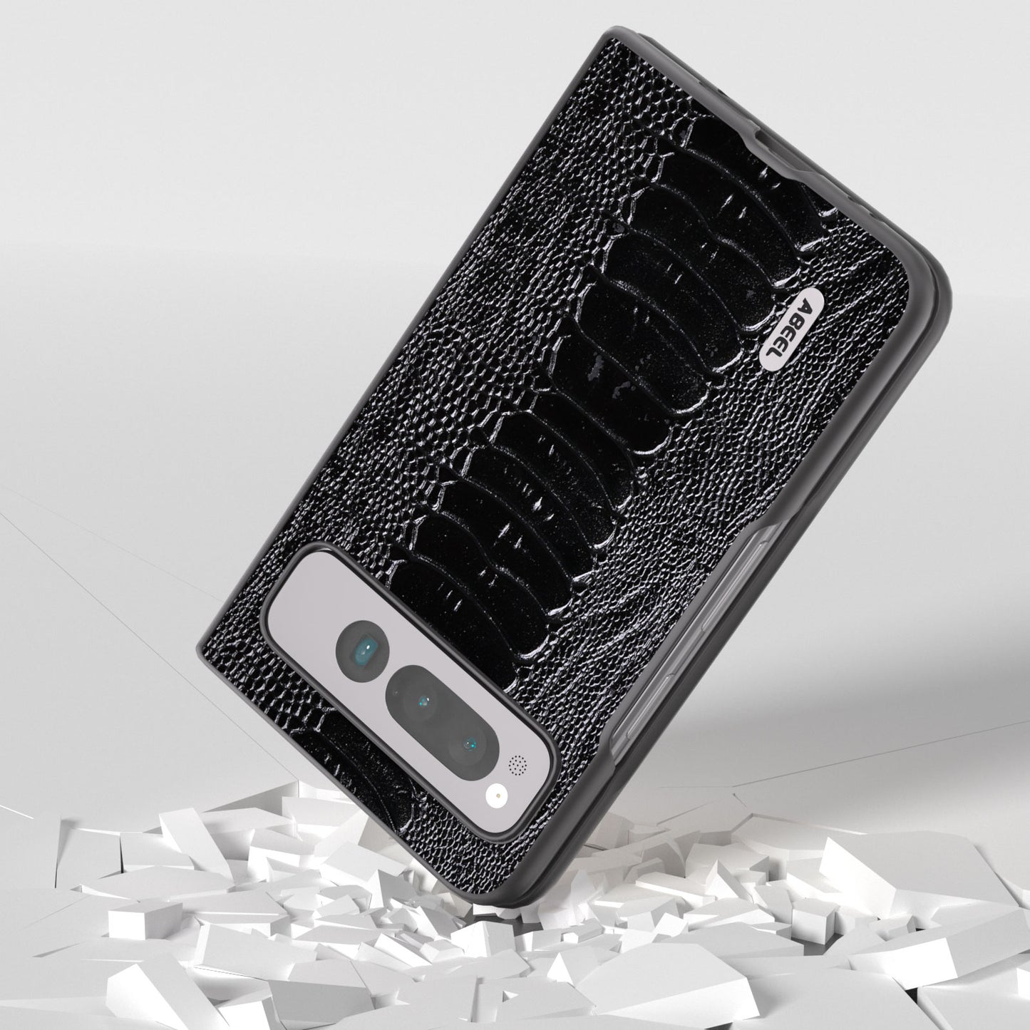 Uniqkart for Google Pixel Fold Crocodile Texture Phone Case Genuine Cow Leather+PC Anti-Fall Cover - Black