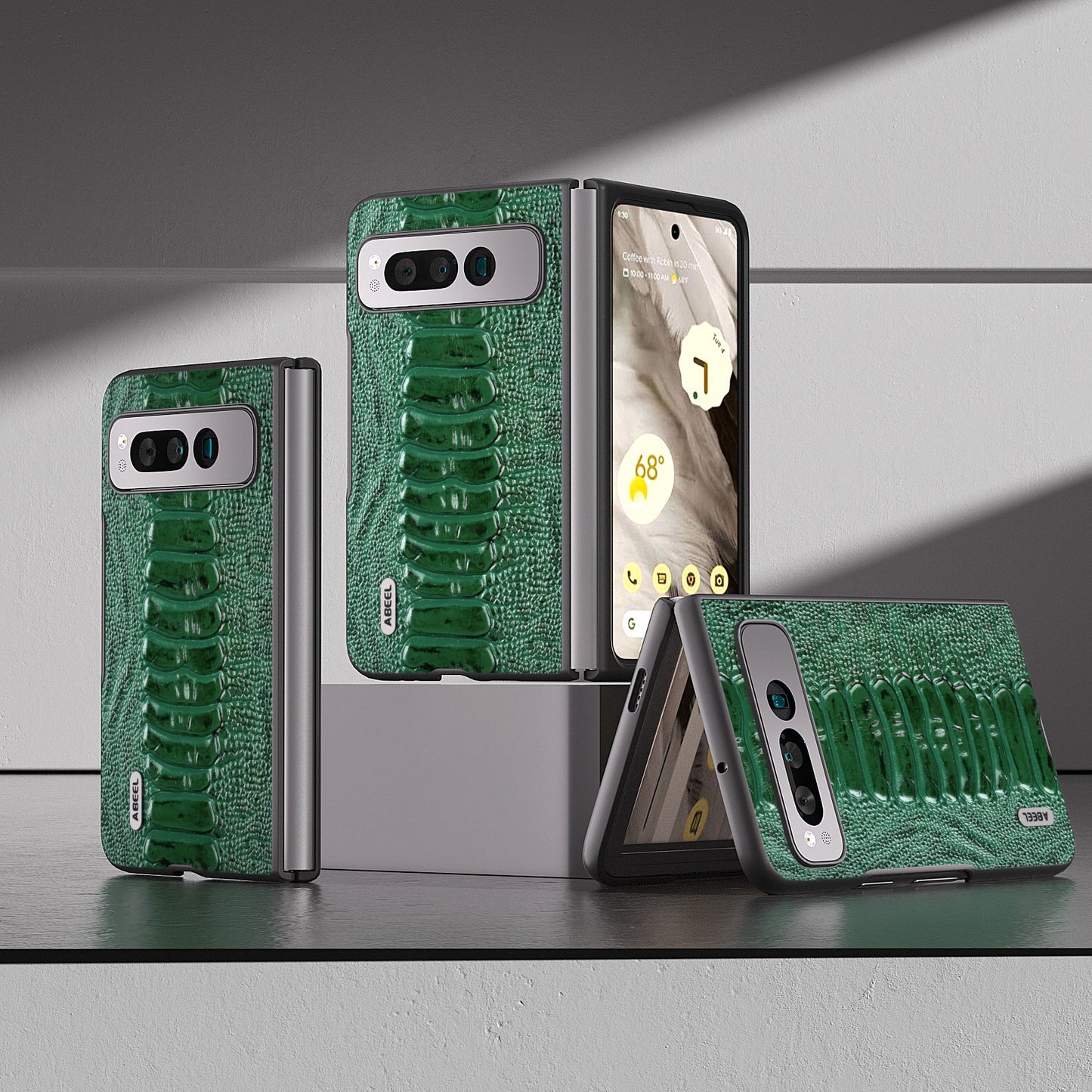 Uniqkart for Google Pixel Fold Crocodile Texture Phone Case Genuine Cow Leather+PC Anti-Fall Cover - Green