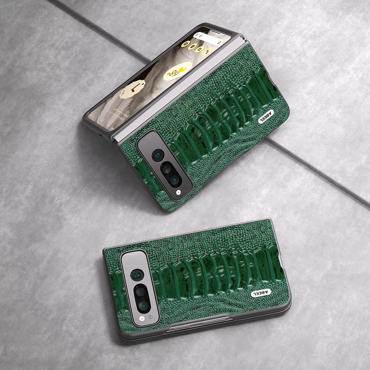 Uniqkart for Google Pixel Fold Crocodile Texture Phone Case Genuine Cow Leather+PC Anti-Fall Cover - Green