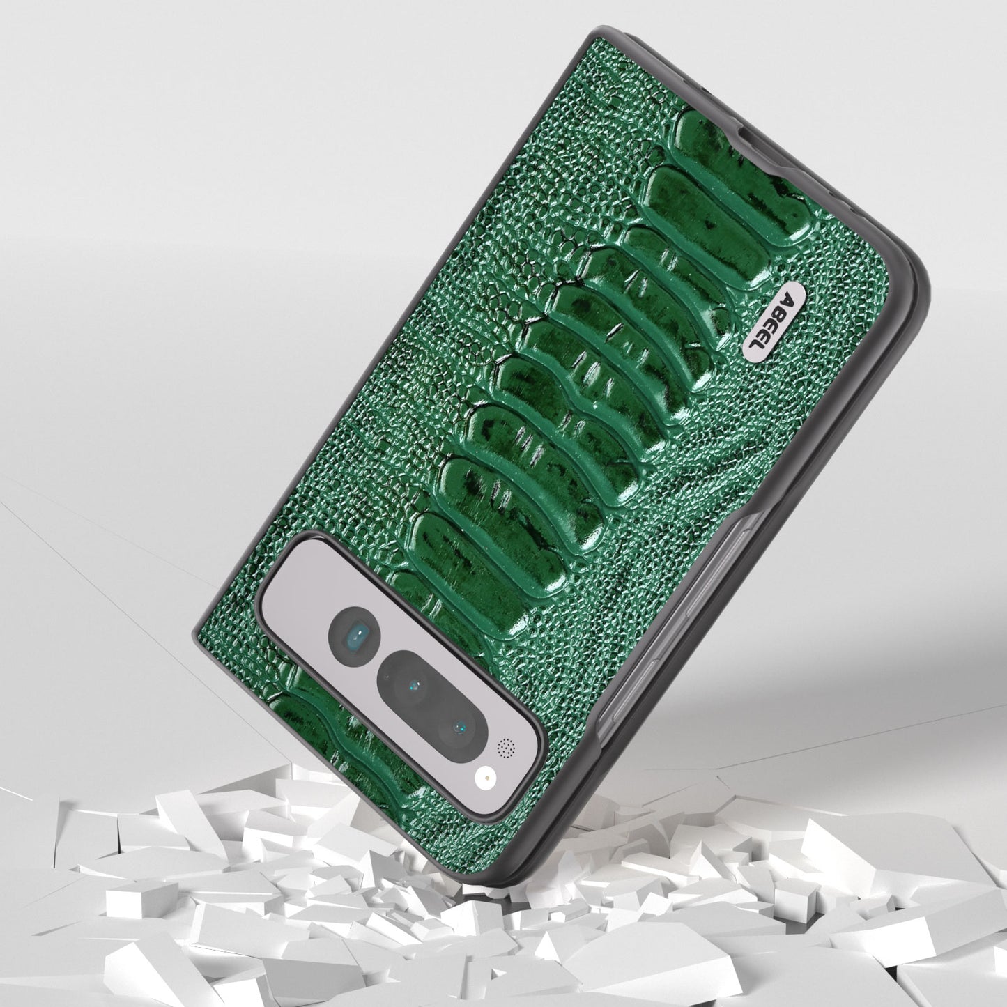 Uniqkart for Google Pixel Fold Crocodile Texture Phone Case Genuine Cow Leather+PC Anti-Fall Cover - Green