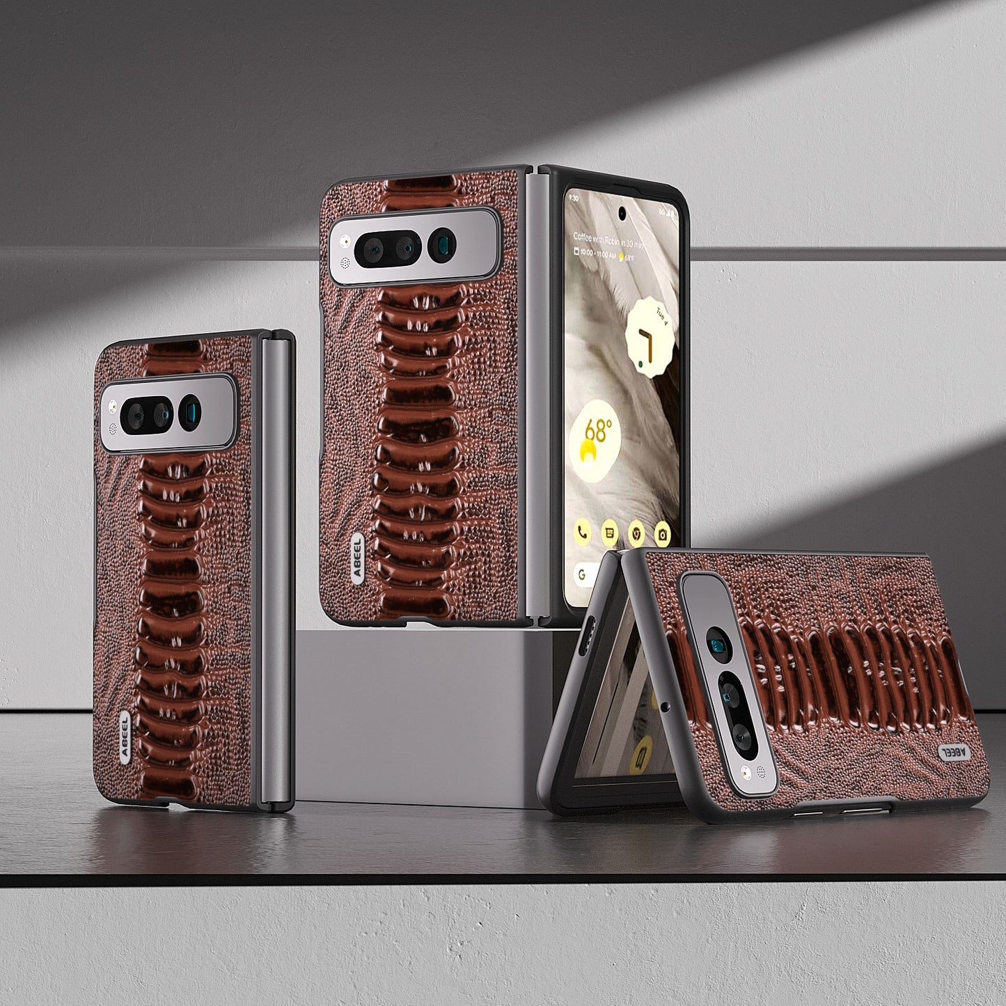 Uniqkart for Google Pixel Fold Crocodile Texture Phone Case Genuine Cow Leather+PC Anti-Fall Cover - Brown