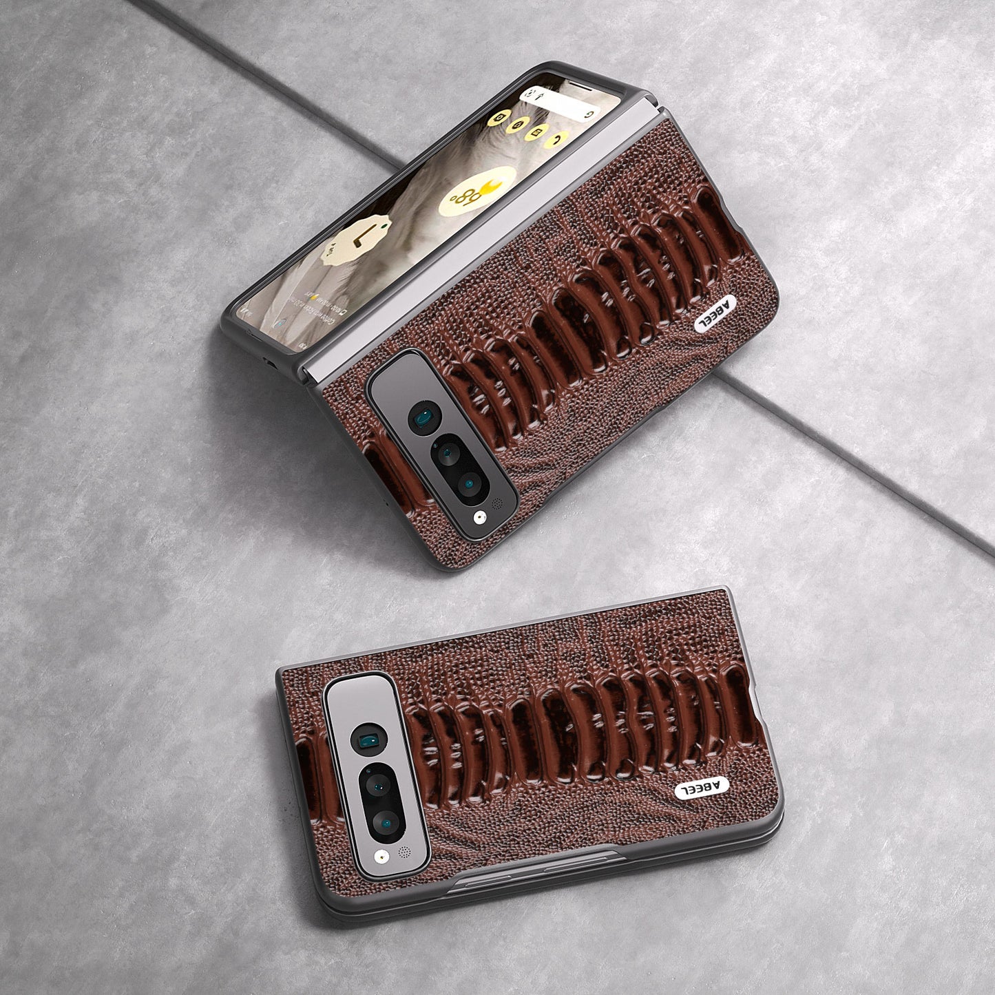 Uniqkart for Google Pixel Fold Crocodile Texture Phone Case Genuine Cow Leather+PC Anti-Fall Cover - Brown