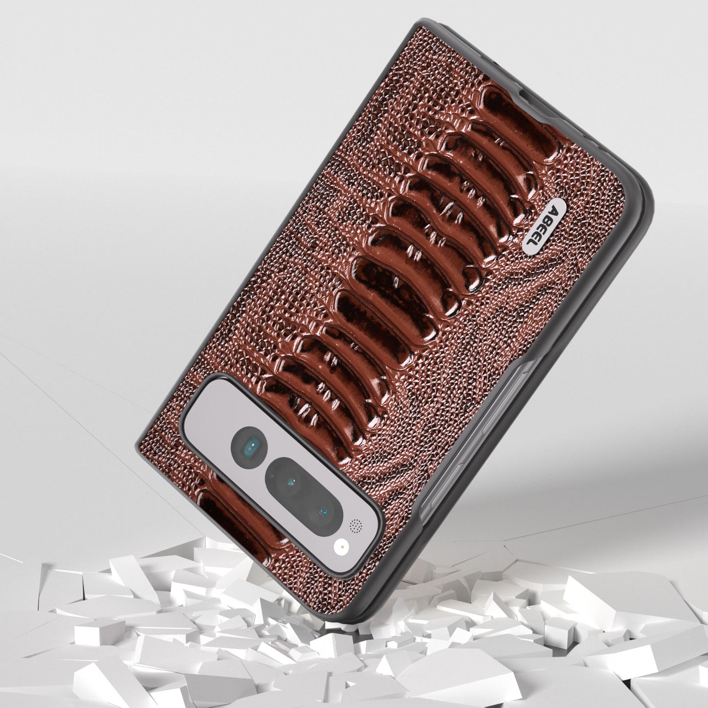 Uniqkart for Google Pixel Fold Crocodile Texture Phone Case Genuine Cow Leather+PC Anti-Fall Cover - Brown