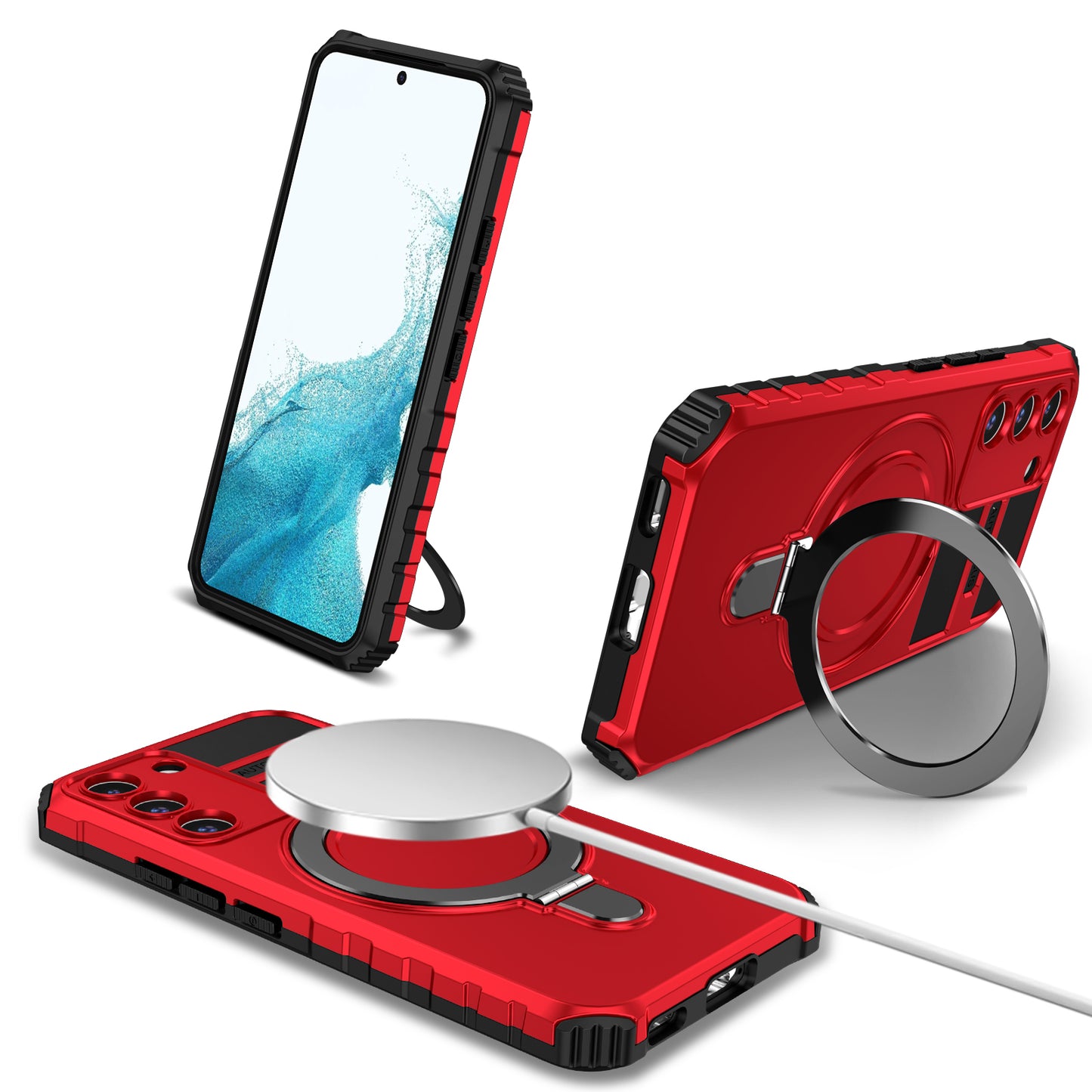 Uniqkart for Samsung Galaxy S22 5G Magnetic Case Compatible with MagSafe PC+TPU Kickstand Phone Cover - Red