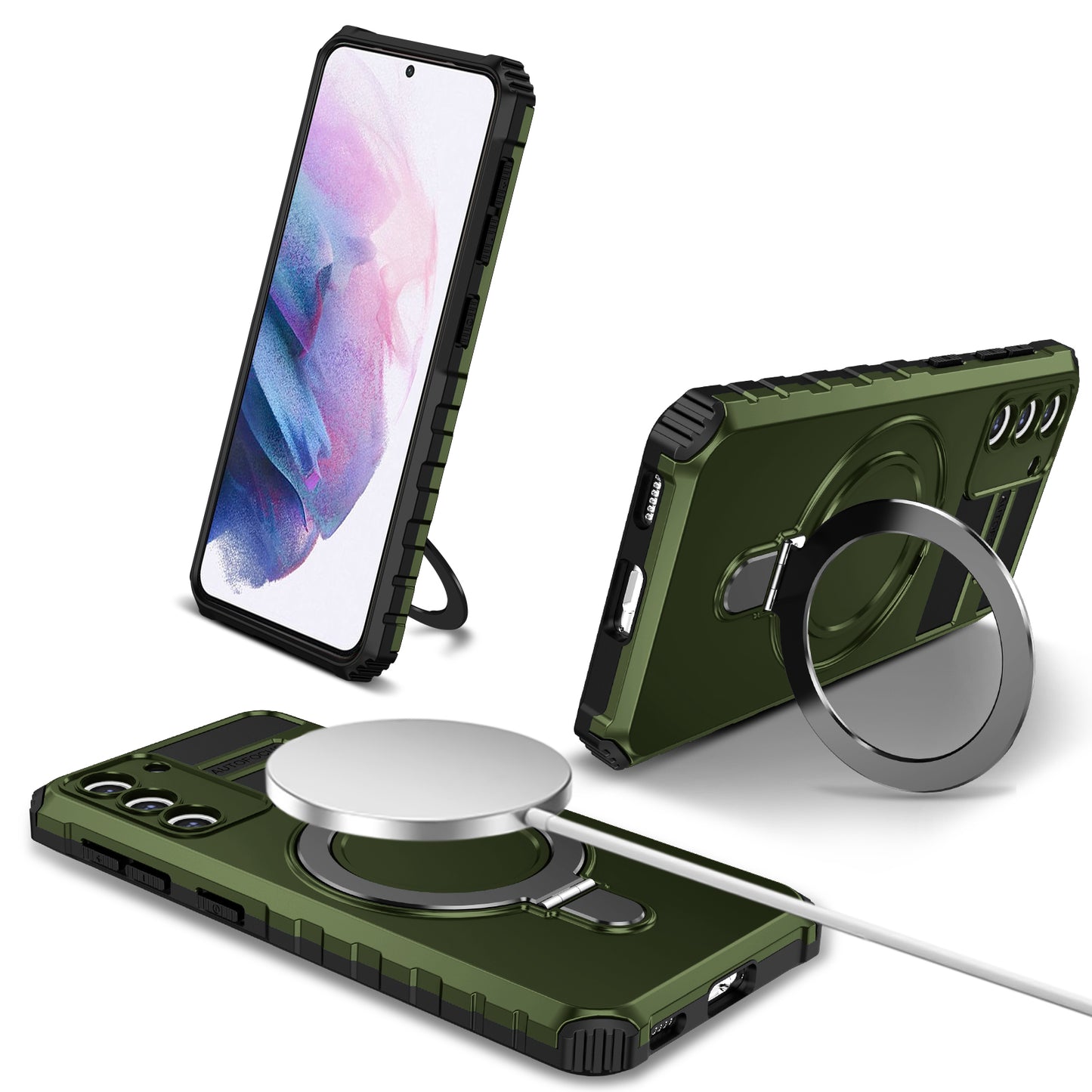 Uniqkart for Samsung Galaxy S21 5G Magnetic Kickstand Phone Case PC+TPU Hybrid Shockproof Cover - Green