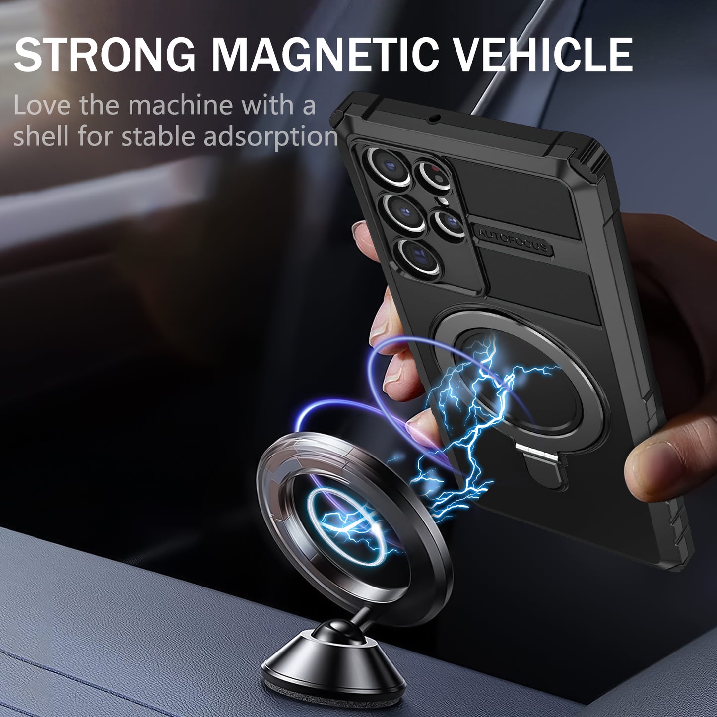 Uniqkart for Samsung Galaxy S22 Ultra 5G PC+TPU Shockproof Case Magnetic Phone Cover with Ring Kickstand - Black