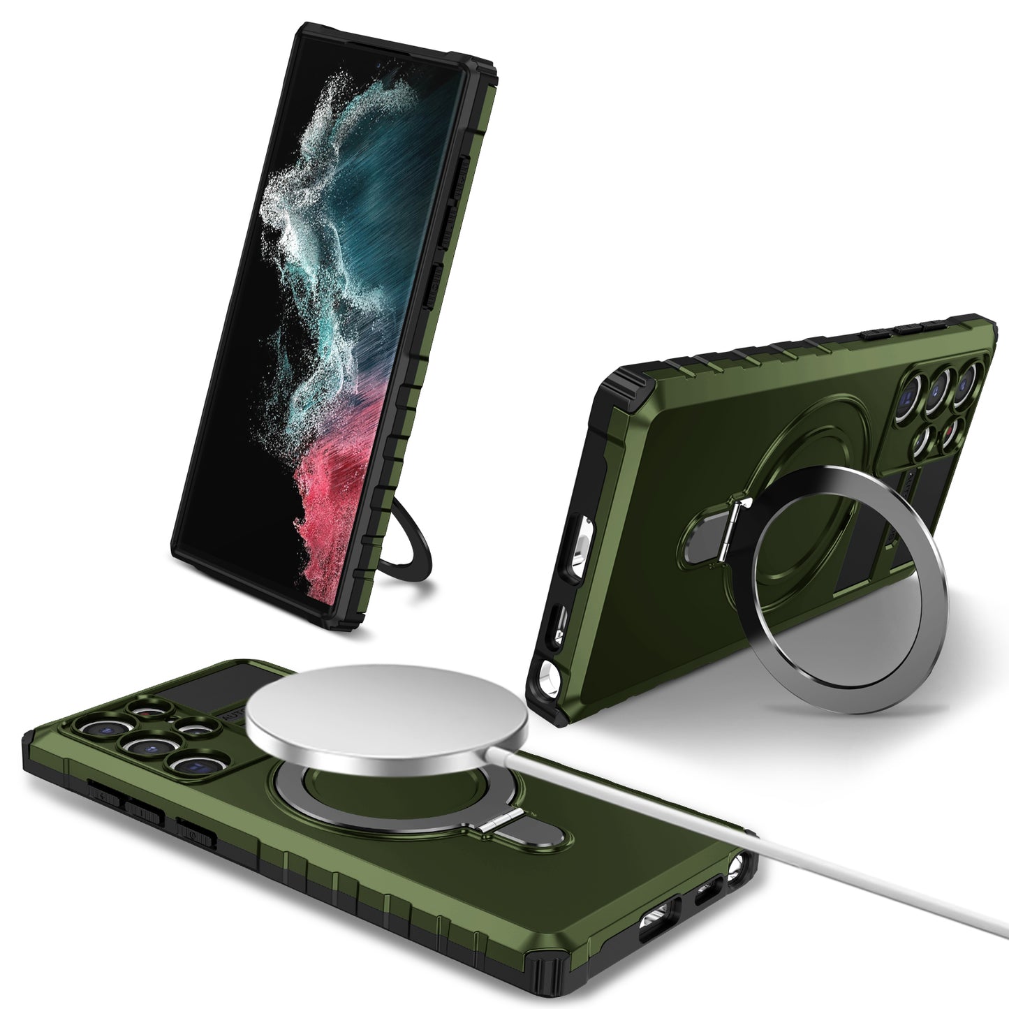 Uniqkart for Samsung Galaxy S22 Ultra 5G PC+TPU Shockproof Case Magnetic Phone Cover with Ring Kickstand - Green
