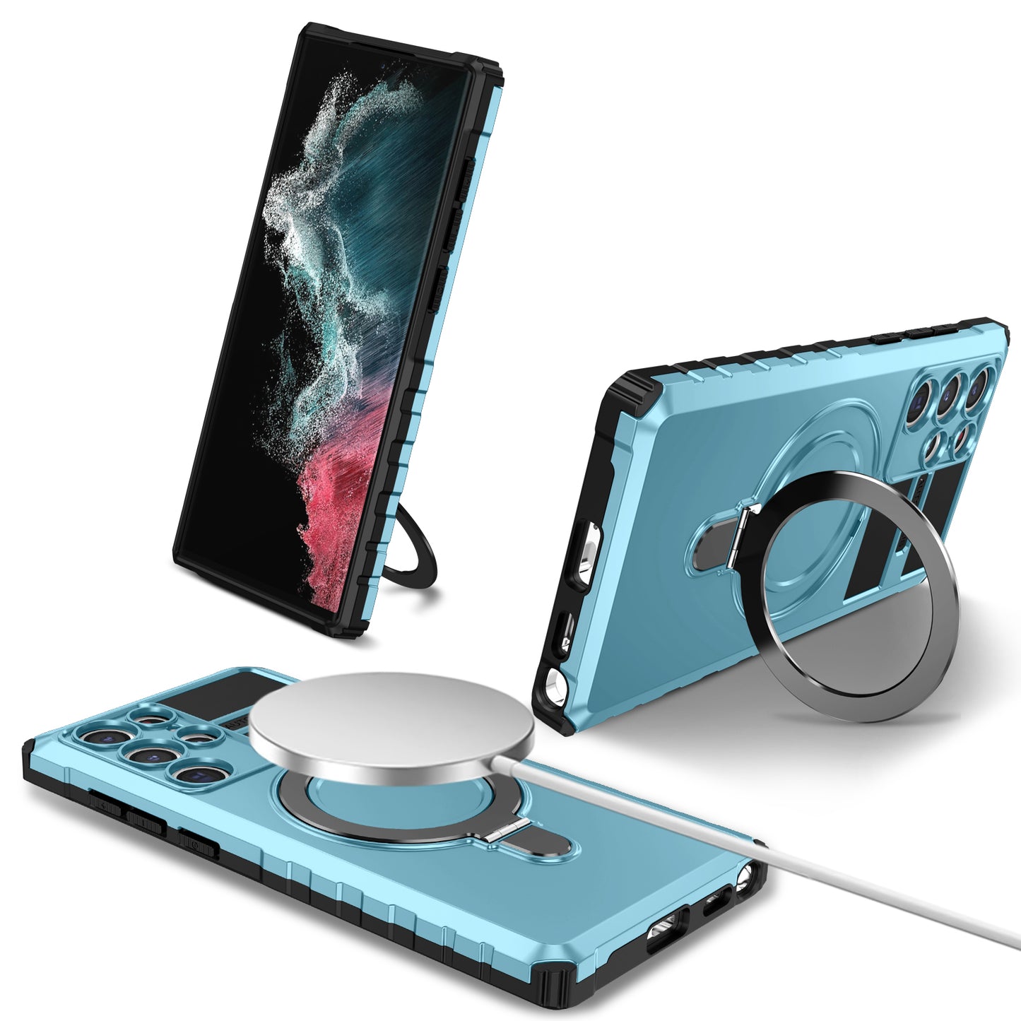 Uniqkart for Samsung Galaxy S22 Ultra 5G PC+TPU Shockproof Case Magnetic Phone Cover with Ring Kickstand - Baby Blue