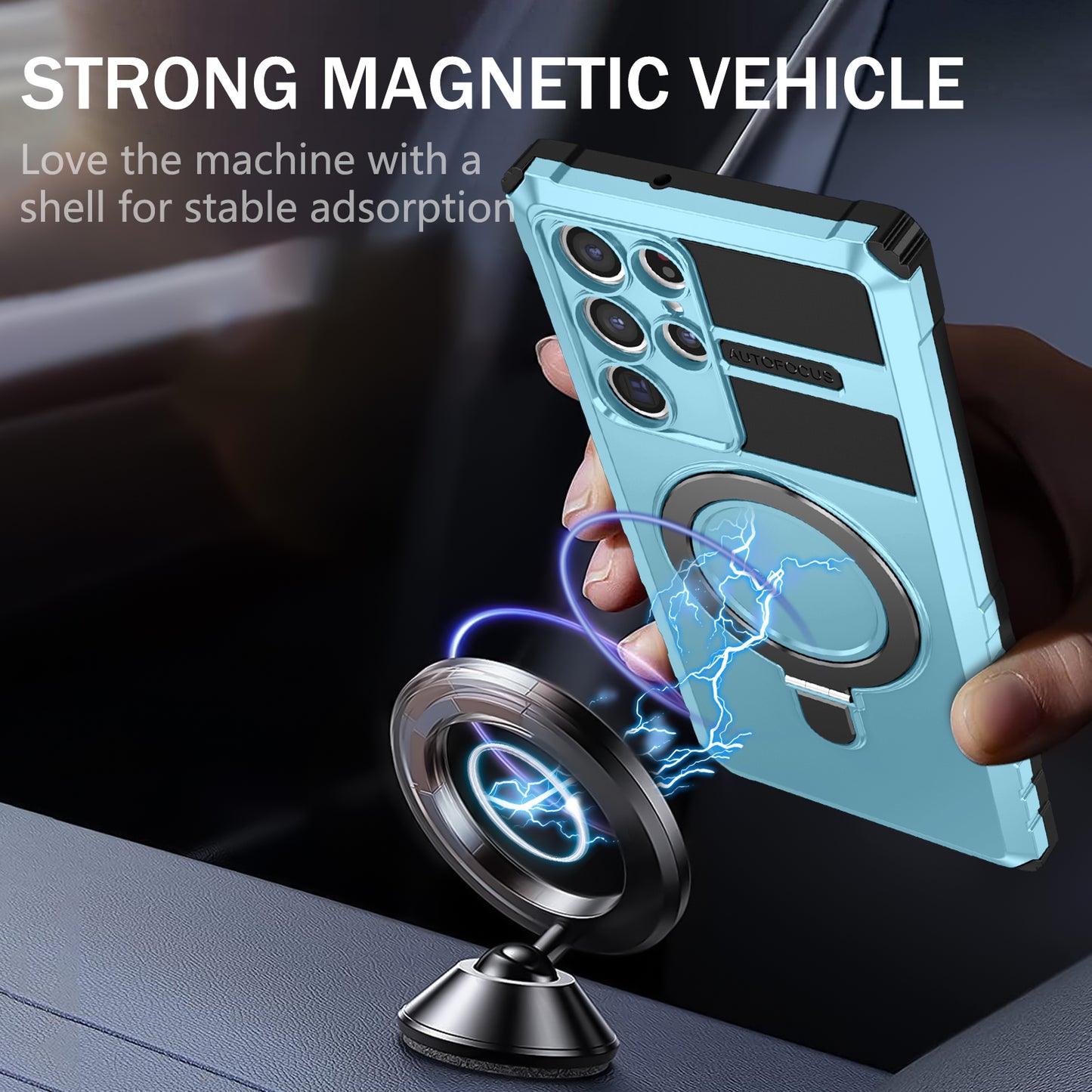 Uniqkart for Samsung Galaxy S22 Ultra 5G PC+TPU Shockproof Case Magnetic Phone Cover with Ring Kickstand - Baby Blue