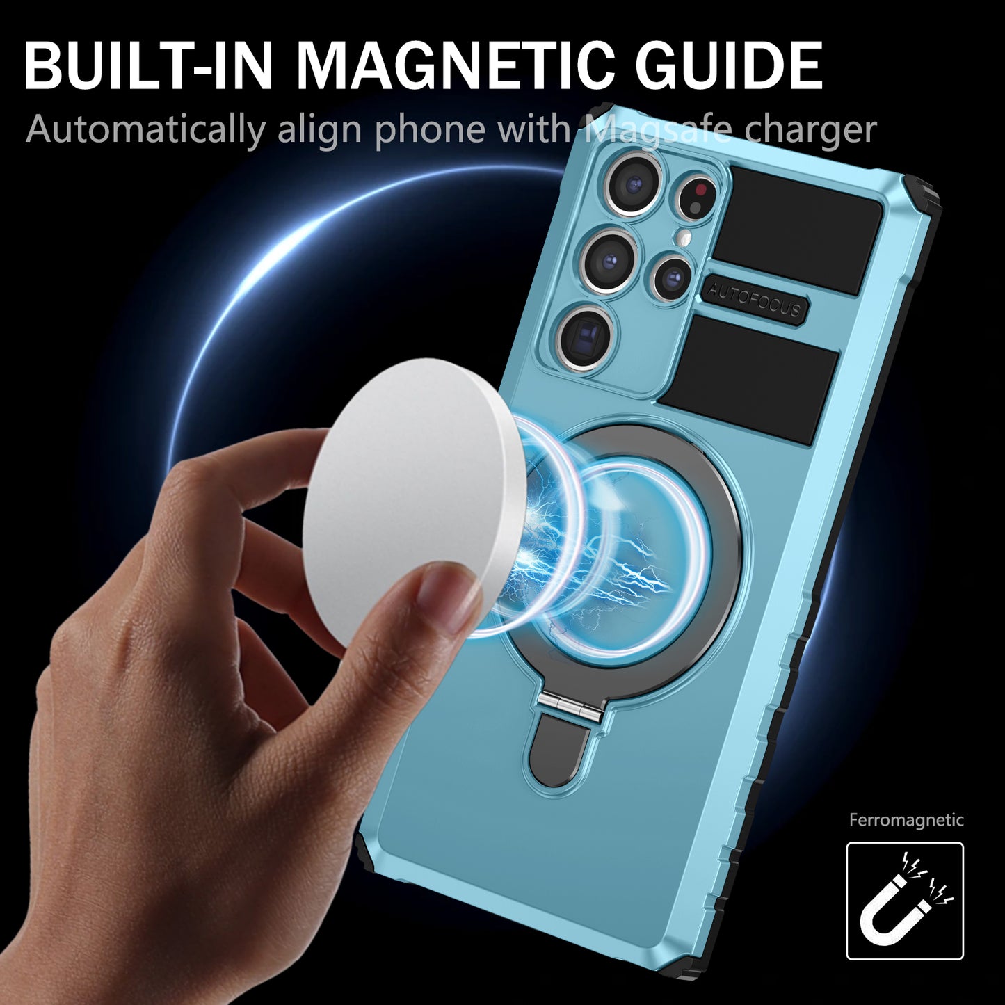 Uniqkart for Samsung Galaxy S22 Ultra 5G PC+TPU Shockproof Case Magnetic Phone Cover with Ring Kickstand - Baby Blue