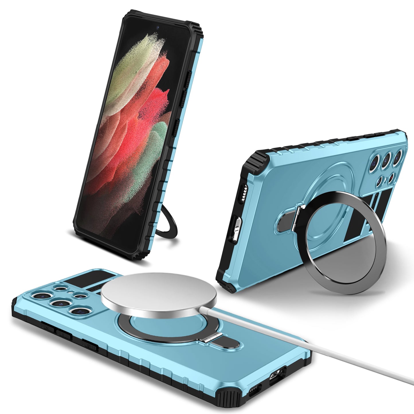 Uniqkart for Samsung Galaxy S21 Ultra 5G Magnetic Kickstand Case PC+TPU Scratch Resistant Phone Cover - Baby Blue