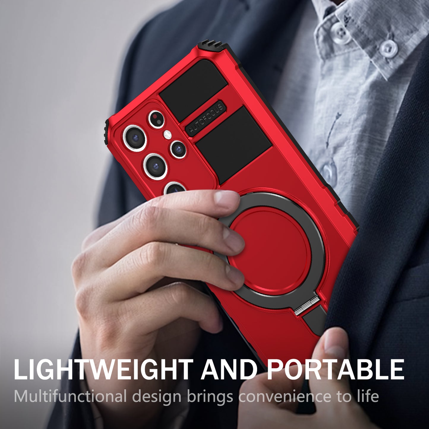 Uniqkart for Samsung Galaxy S21 Ultra 5G Magnetic Kickstand Case PC+TPU Scratch Resistant Phone Cover - Red