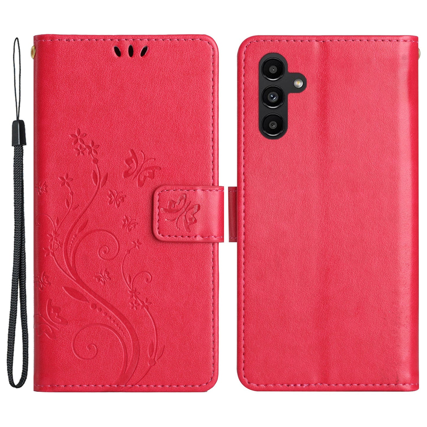 Uniqkart for Samsung Galaxy M14 5G Imprinted Butterflies PU Leather Phone Case Wallet Cover Stand with Strap - Red