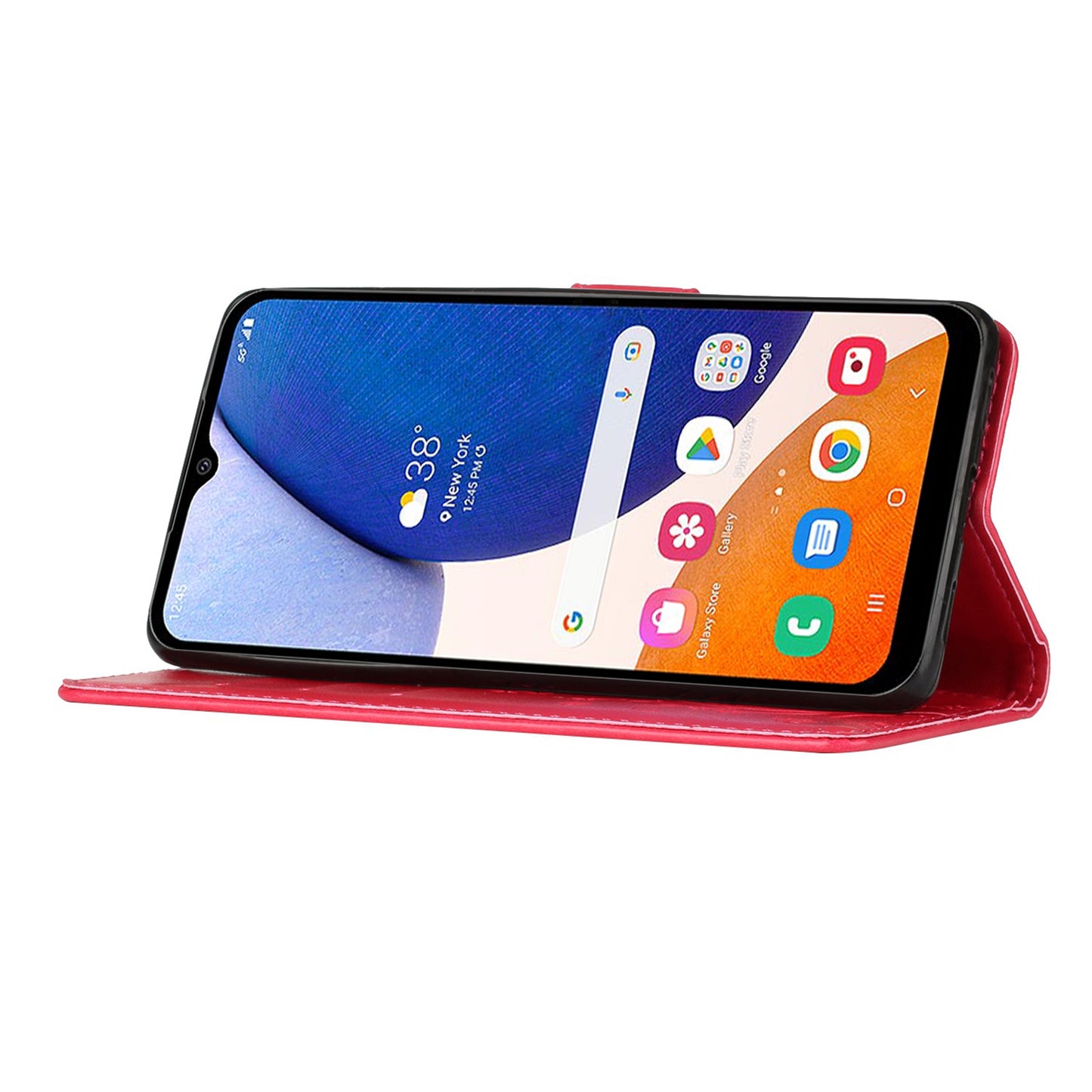 Uniqkart for Samsung Galaxy M14 5G Imprinted Butterflies PU Leather Phone Case Wallet Cover Stand with Strap - Red