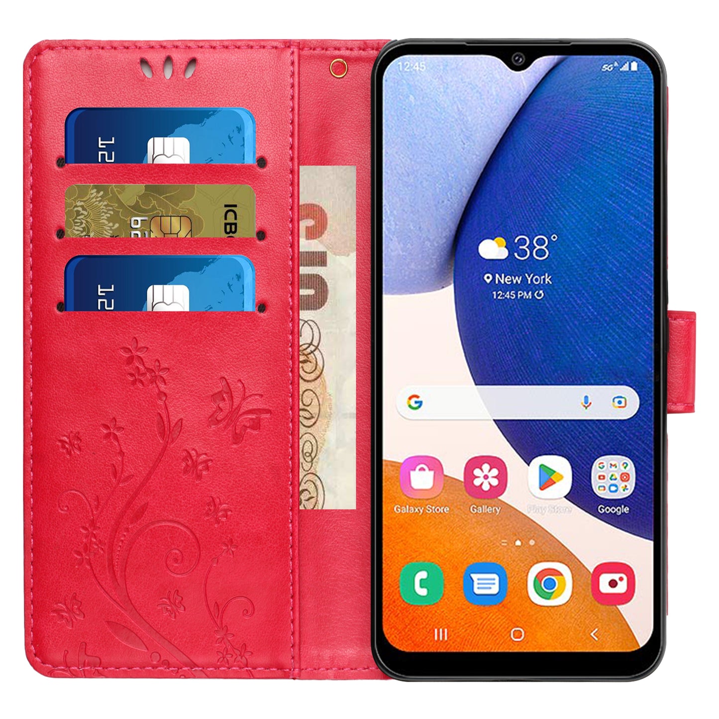 Uniqkart for Samsung Galaxy M14 5G Imprinted Butterflies PU Leather Phone Case Wallet Cover Stand with Strap - Red