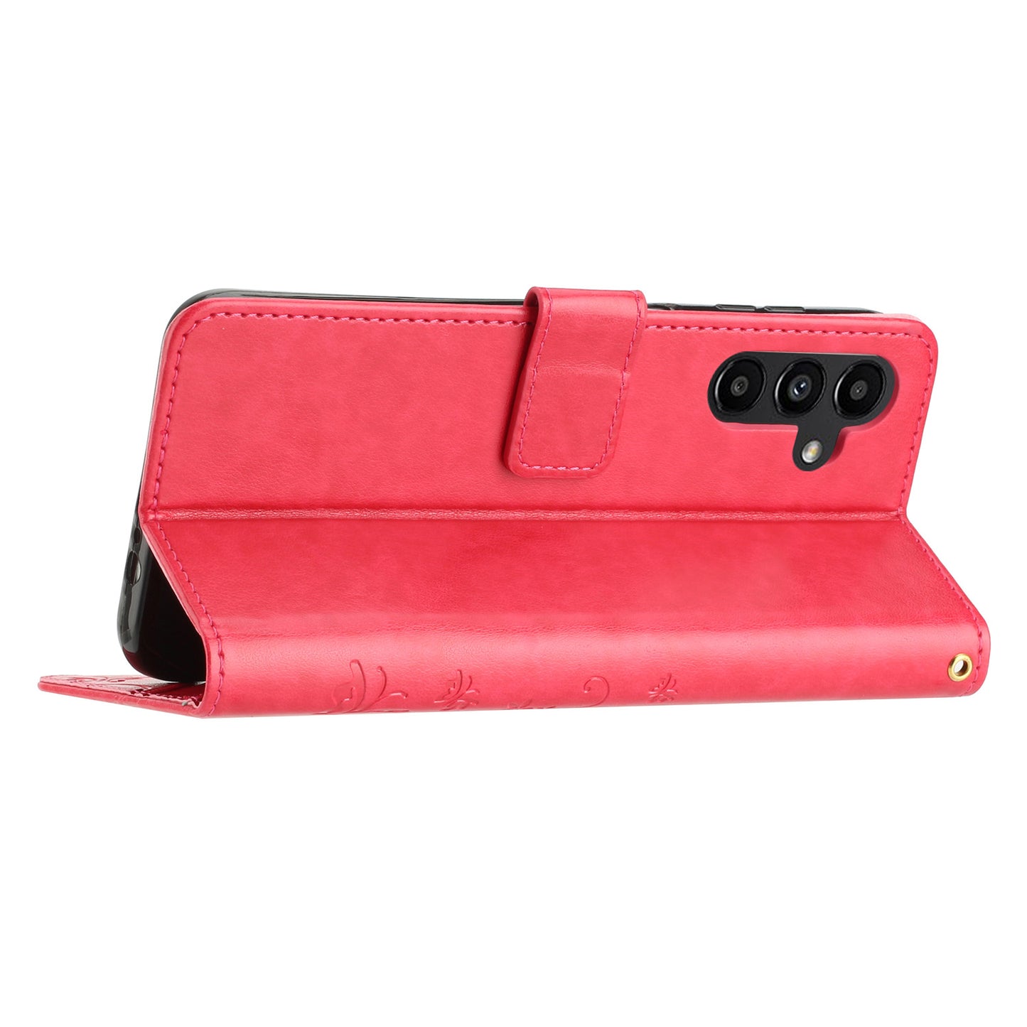 Uniqkart for Samsung Galaxy M14 5G Imprinted Butterflies PU Leather Phone Case Wallet Cover Stand with Strap - Red