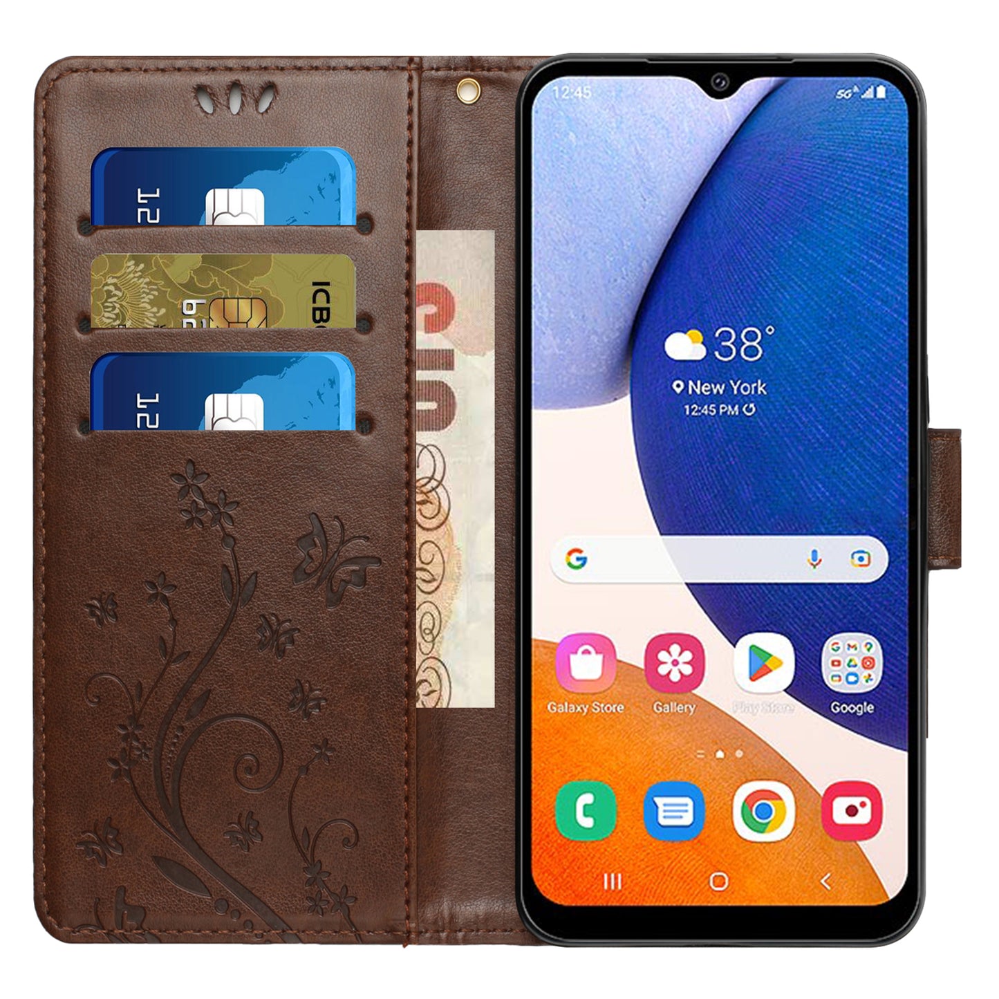 Uniqkart for Samsung Galaxy M14 5G Imprinted Butterflies PU Leather Phone Case Wallet Cover Stand with Strap - Brown