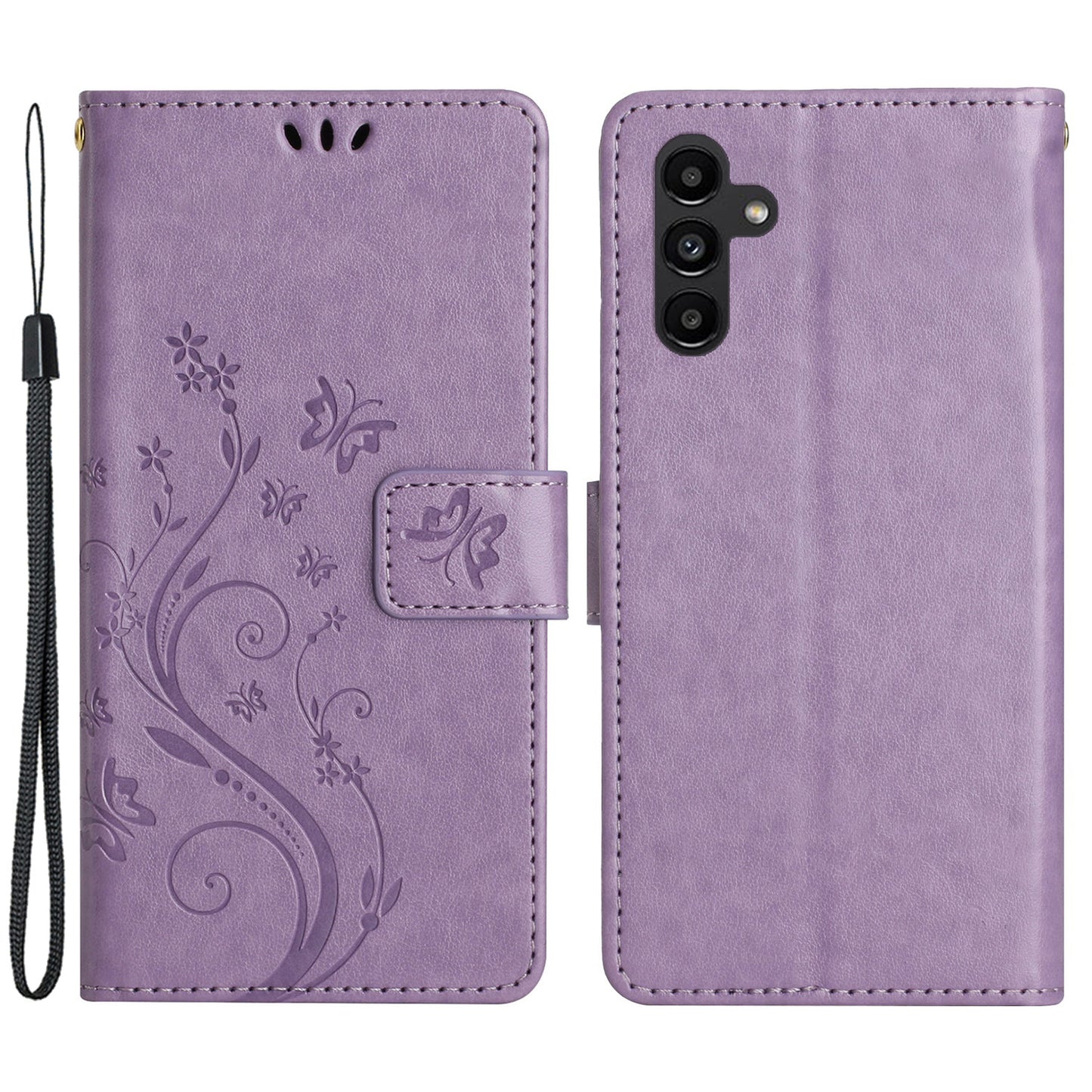 Uniqkart for Samsung Galaxy M14 5G Imprinted Butterflies PU Leather Phone Case Wallet Cover Stand with Strap - Light Purple