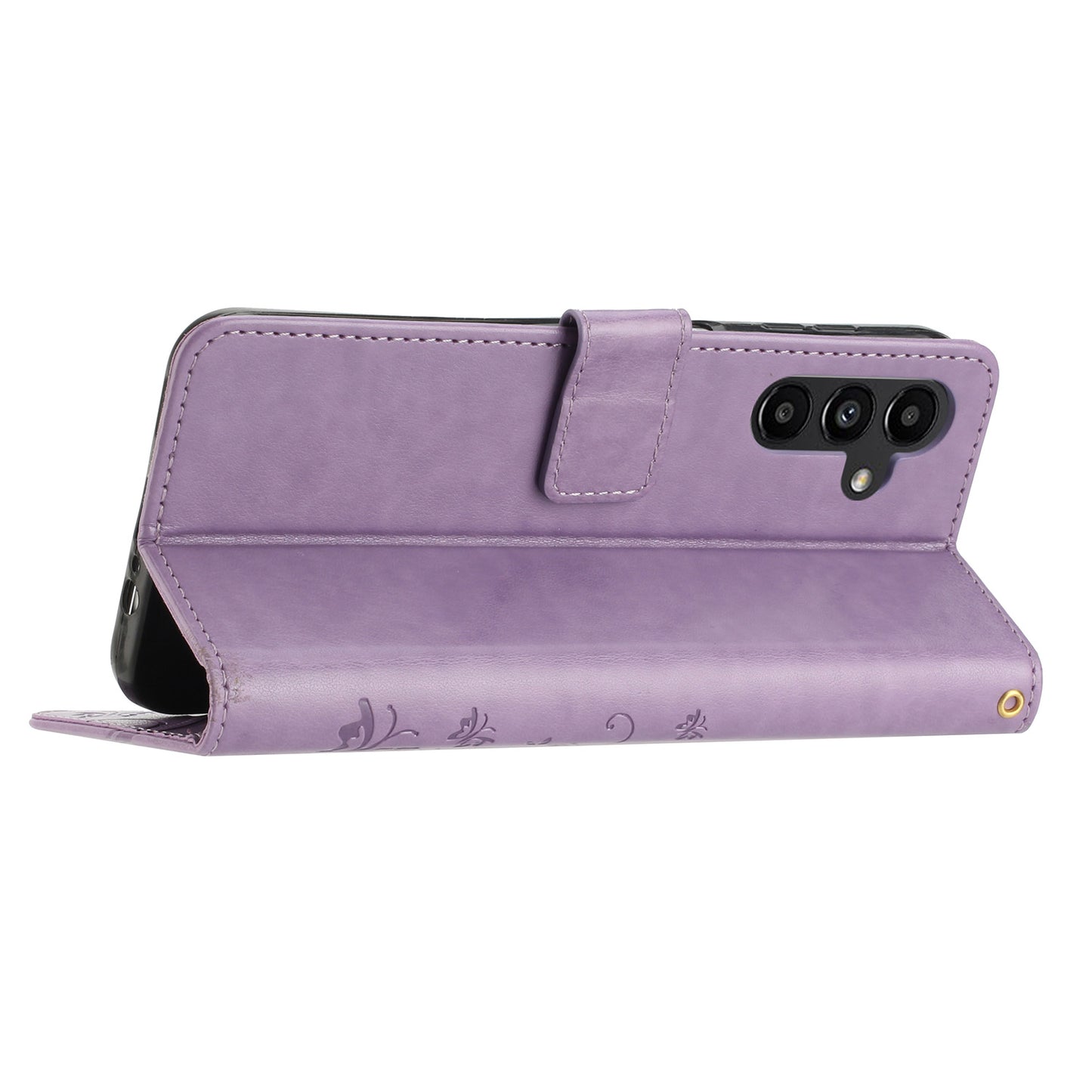 Uniqkart for Samsung Galaxy M14 5G Imprinted Butterflies PU Leather Phone Case Wallet Cover Stand with Strap - Light Purple