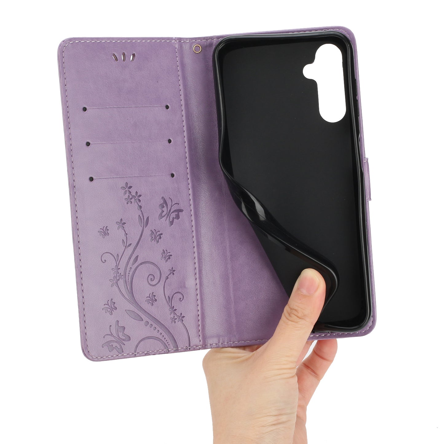 Uniqkart for Samsung Galaxy M14 5G Imprinted Butterflies PU Leather Phone Case Wallet Cover Stand with Strap - Light Purple