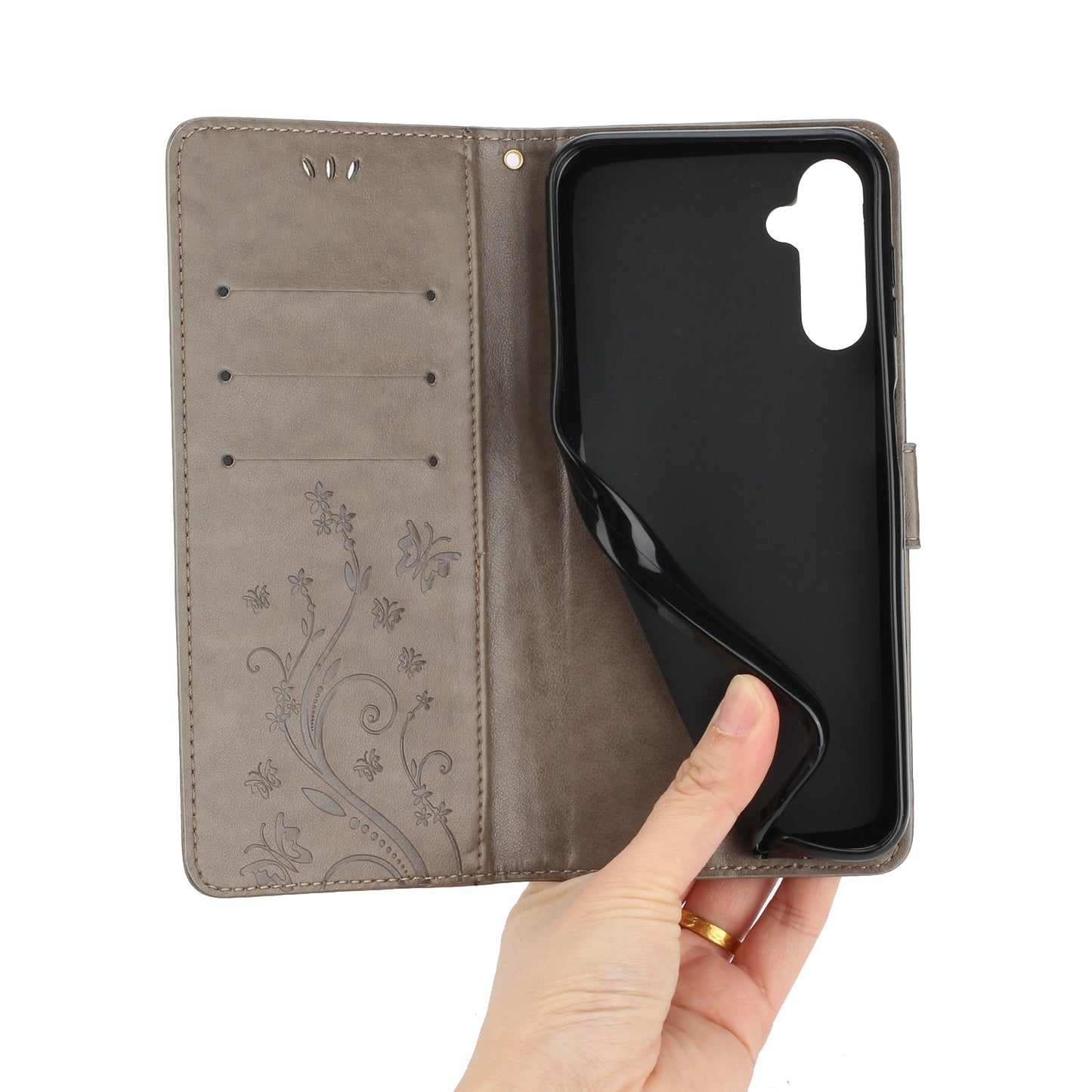 Uniqkart for Samsung Galaxy M14 5G Imprinted Butterflies PU Leather Phone Case Wallet Cover Stand with Strap - Grey