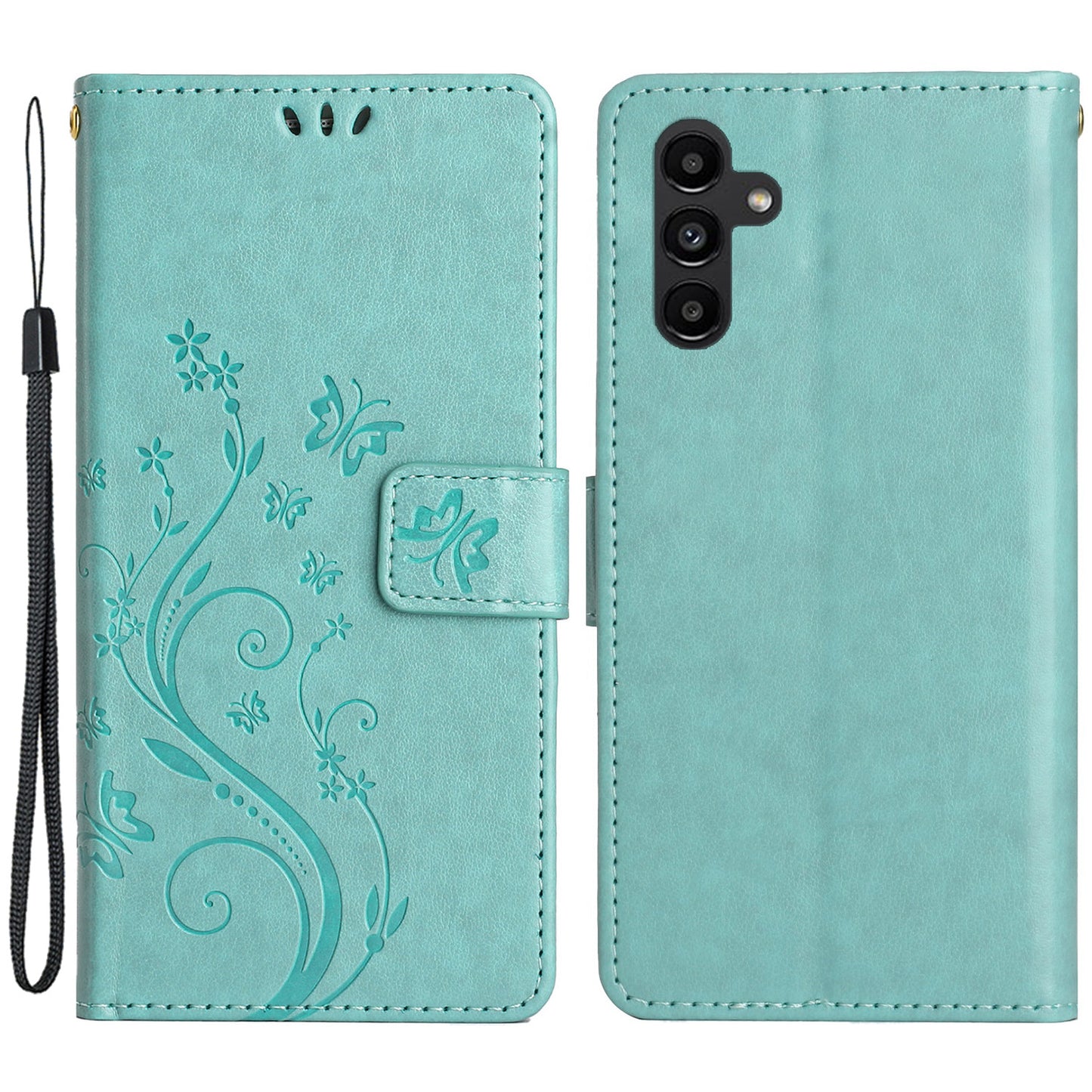 Uniqkart for Samsung Galaxy M14 5G Imprinted Butterflies PU Leather Phone Case Wallet Cover Stand with Strap - Baby Blue