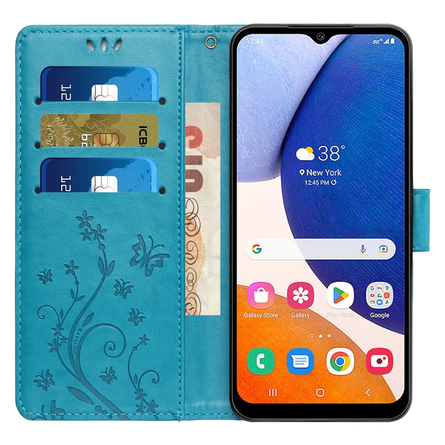 Uniqkart for Samsung Galaxy M14 5G Imprinted Butterflies PU Leather Phone Case Wallet Cover Stand with Strap - Blue