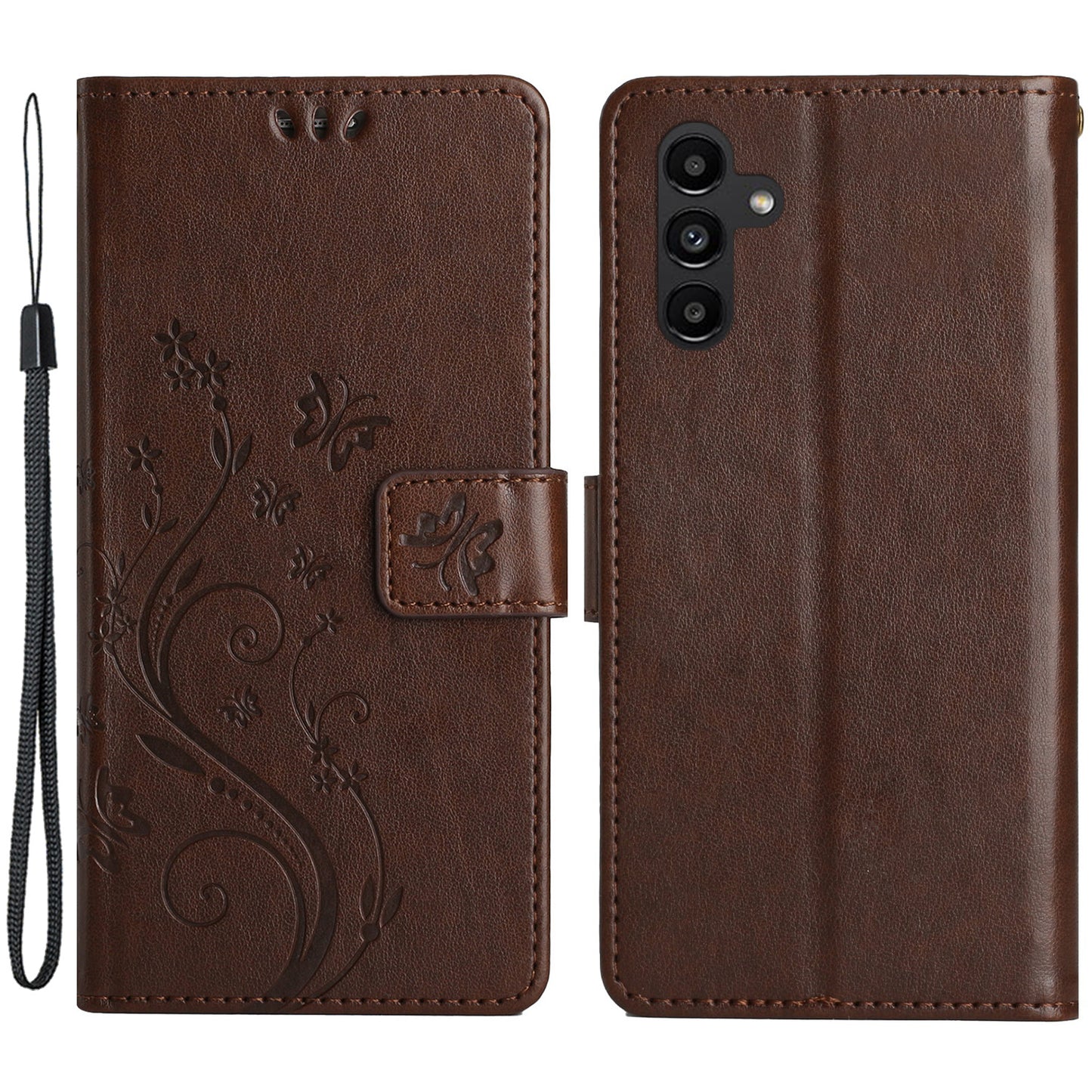 Uniqkart for Samsung Galaxy M54 5G / F54 5G Phone Case Imprinted Butterflies PU Leather Wallet Cover Stand with Strap - Brown