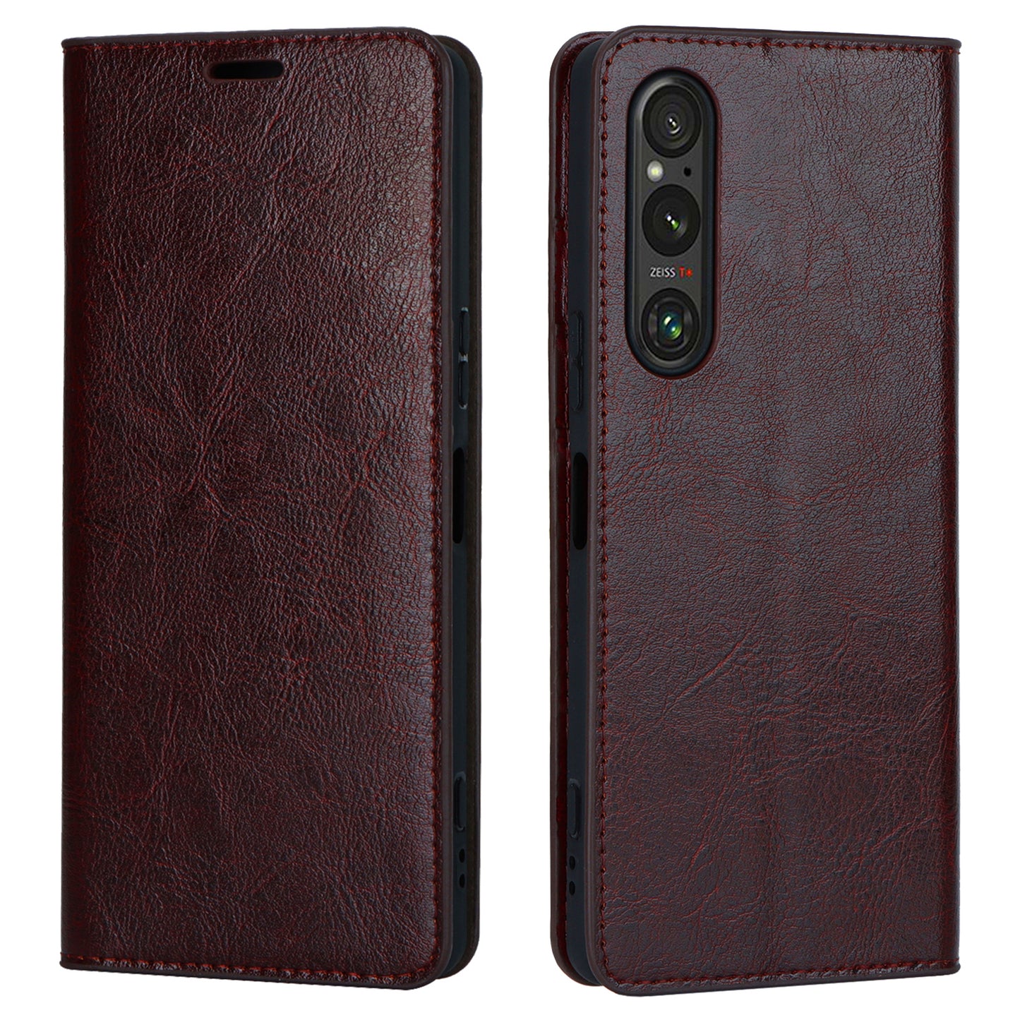 Uniqkart for Sony Xperia 1 V Stand Flip Wallet Crazy Horse Texture Genuine Cow Leather Cover Phone Case - Dark Brown