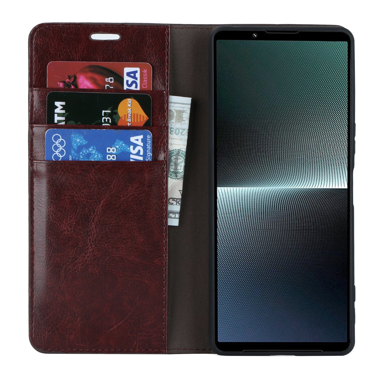 Uniqkart for Sony Xperia 1 V Stand Flip Wallet Crazy Horse Texture Genuine Cow Leather Cover Phone Case - Dark Brown