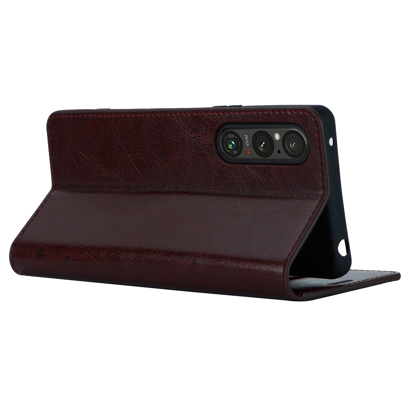 Uniqkart for Sony Xperia 1 V Stand Flip Wallet Crazy Horse Texture Genuine Cow Leather Cover Phone Case - Dark Brown