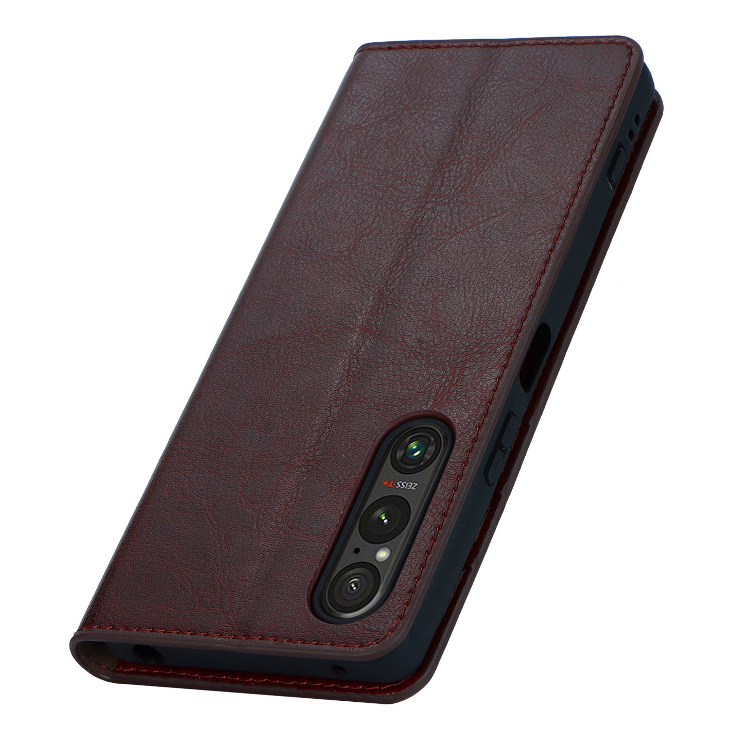 Uniqkart for Sony Xperia 1 V Stand Flip Wallet Crazy Horse Texture Genuine Cow Leather Cover Phone Case - Dark Brown
