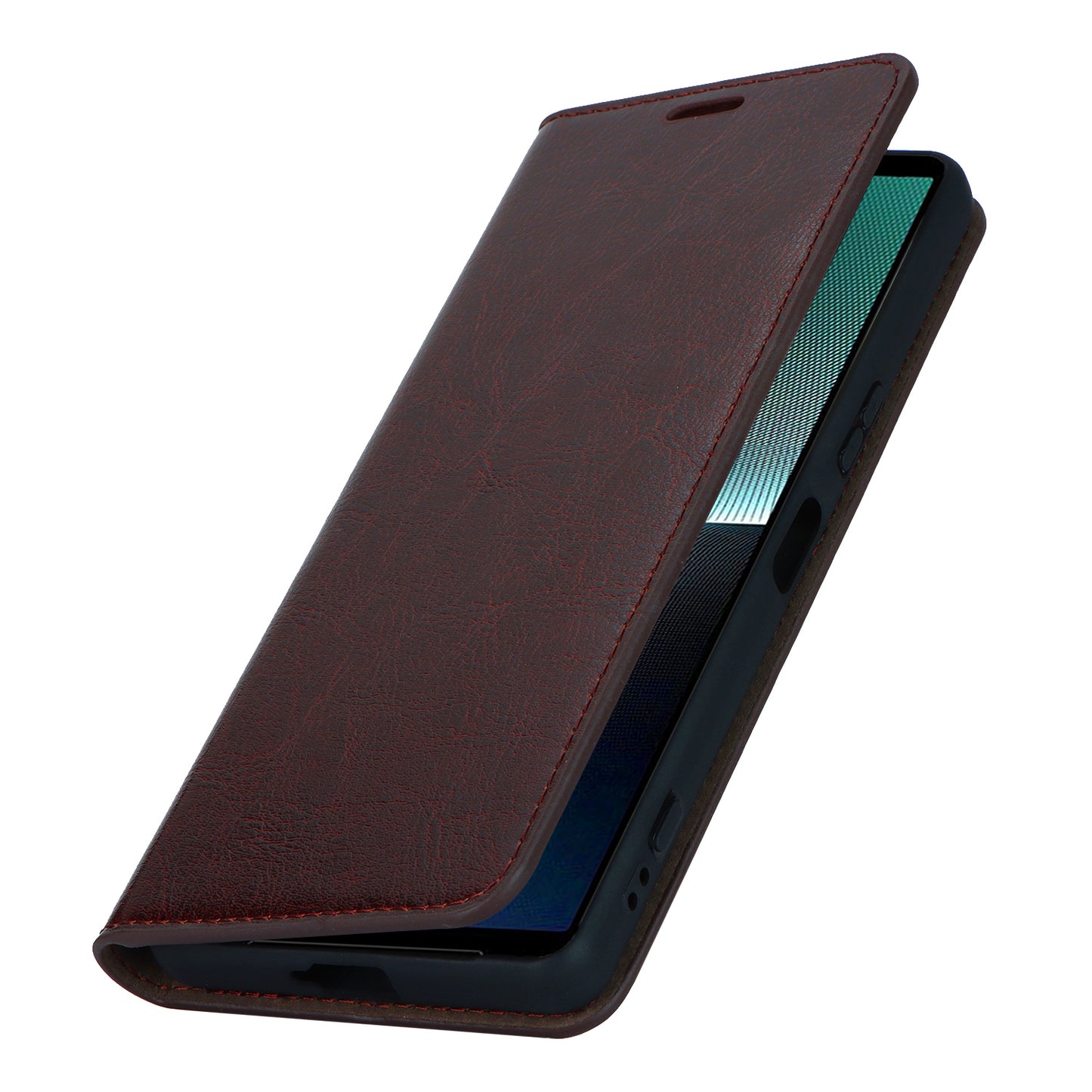Uniqkart for Sony Xperia 1 V Stand Flip Wallet Crazy Horse Texture Genuine Cow Leather Cover Phone Case - Dark Brown