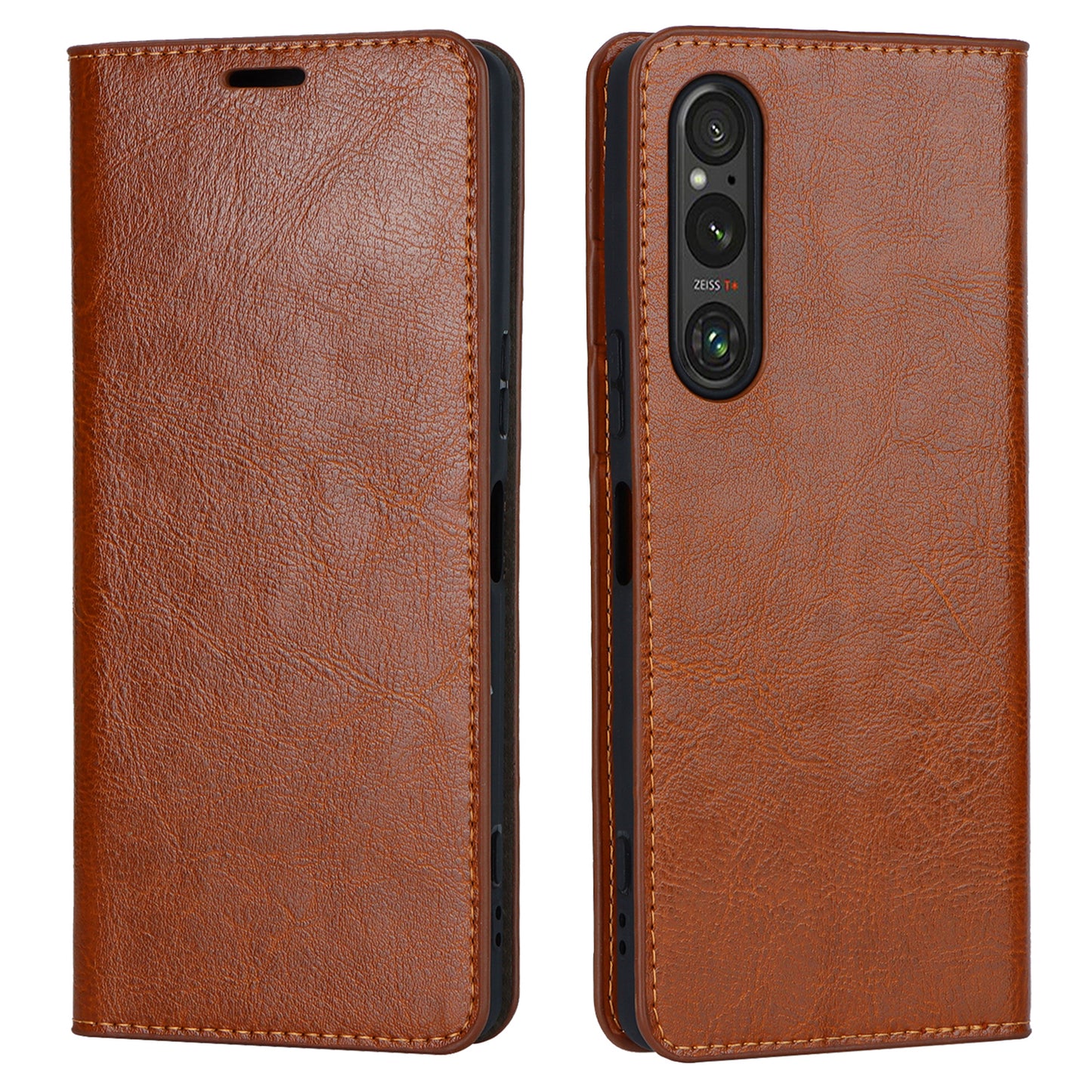 Uniqkart for Sony Xperia 1 V Stand Flip Wallet Crazy Horse Texture Genuine Cow Leather Cover Phone Case - Light Brown