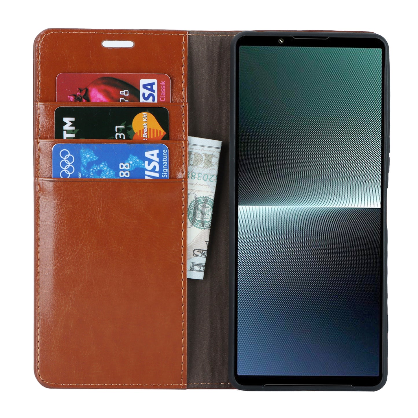 Uniqkart for Sony Xperia 1 V Stand Flip Wallet Crazy Horse Texture Genuine Cow Leather Cover Phone Case - Light Brown