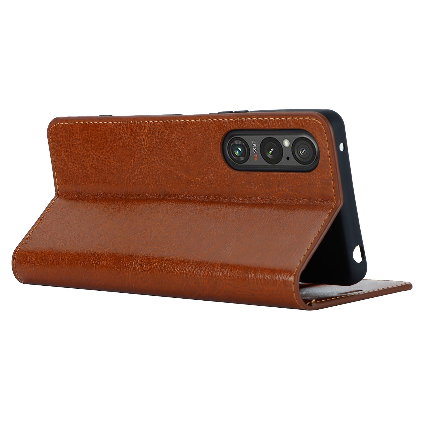 Uniqkart for Sony Xperia 1 V Stand Flip Wallet Crazy Horse Texture Genuine Cow Leather Cover Phone Case - Light Brown