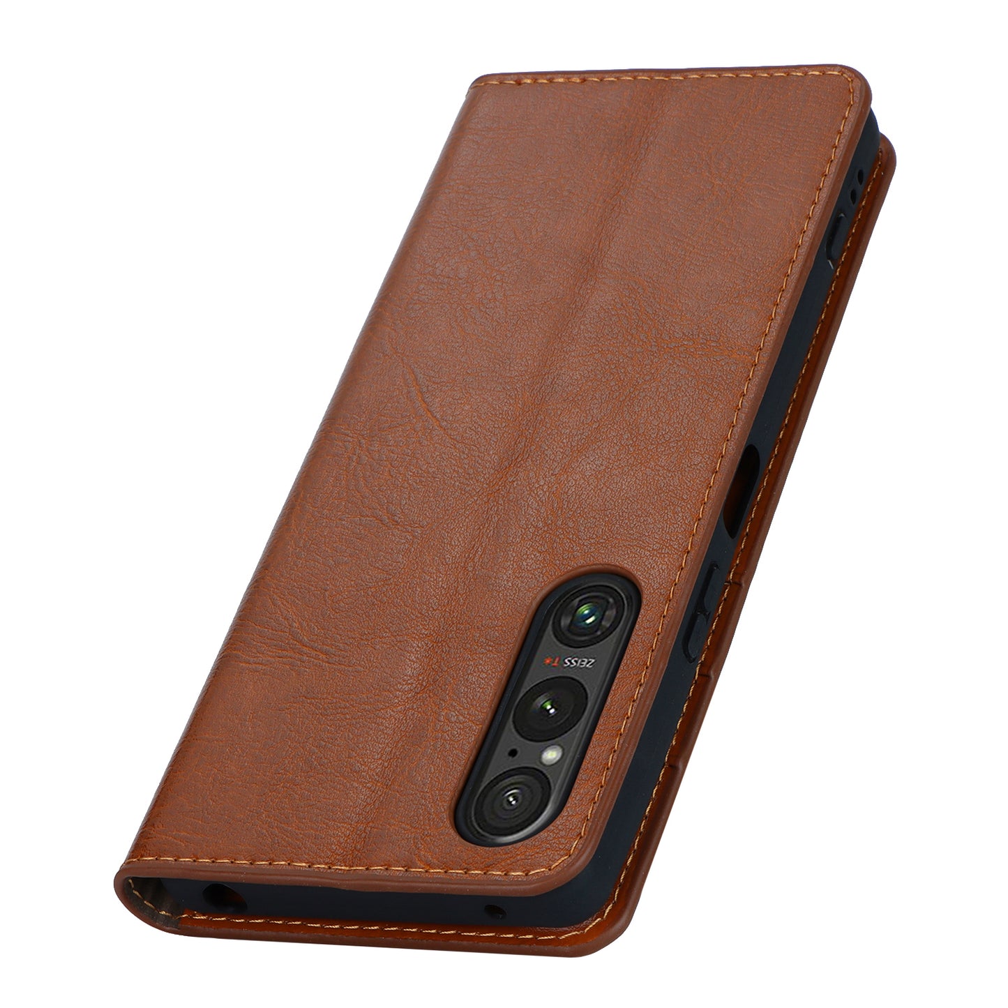 Uniqkart for Sony Xperia 1 V Stand Flip Wallet Crazy Horse Texture Genuine Cow Leather Cover Phone Case - Light Brown