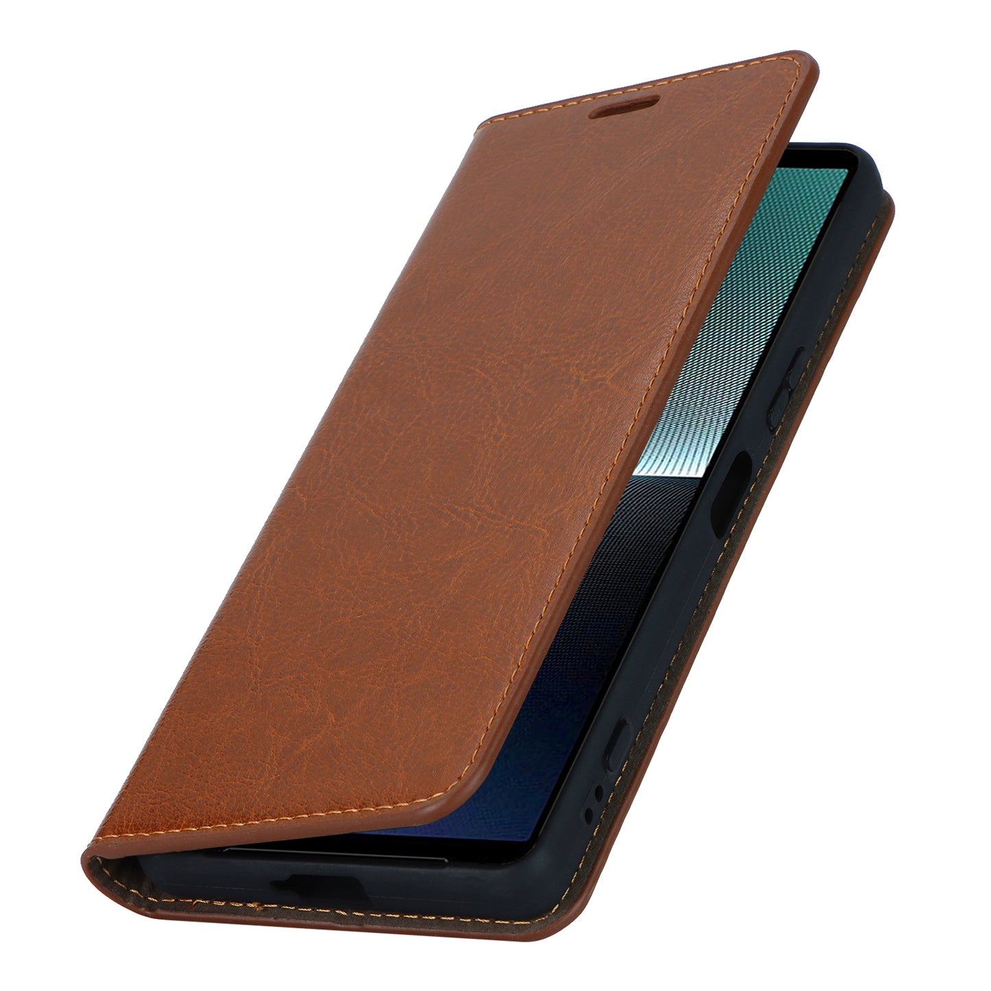 Uniqkart for Sony Xperia 1 V Stand Flip Wallet Crazy Horse Texture Genuine Cow Leather Cover Phone Case - Light Brown