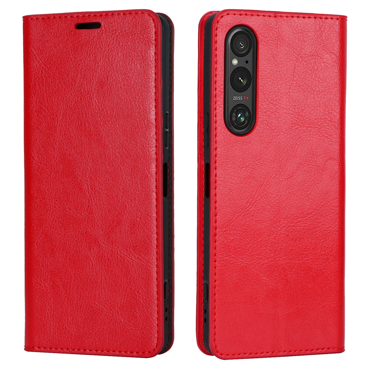 Uniqkart for Sony Xperia 1 V Stand Flip Wallet Crazy Horse Texture Genuine Cow Leather Cover Phone Case - Red