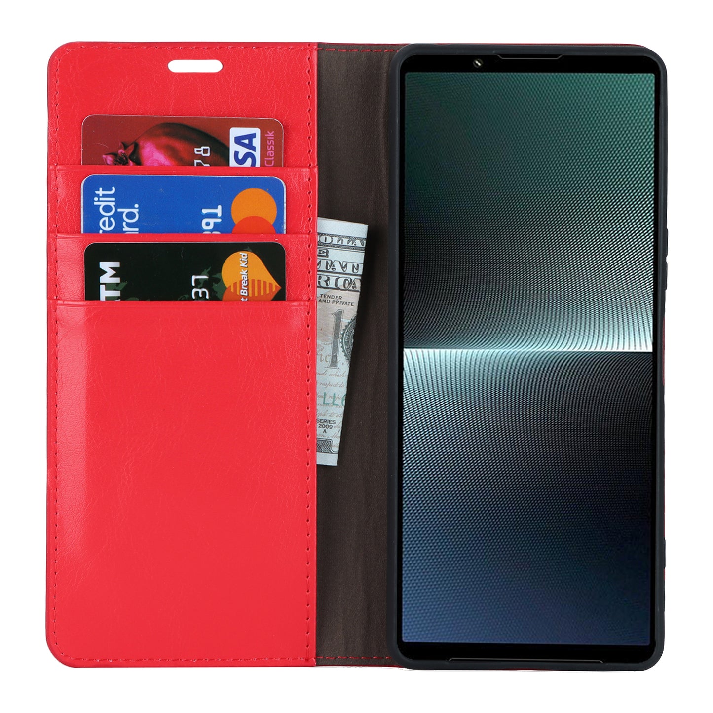 Uniqkart for Sony Xperia 1 V Stand Flip Wallet Crazy Horse Texture Genuine Cow Leather Cover Phone Case - Red