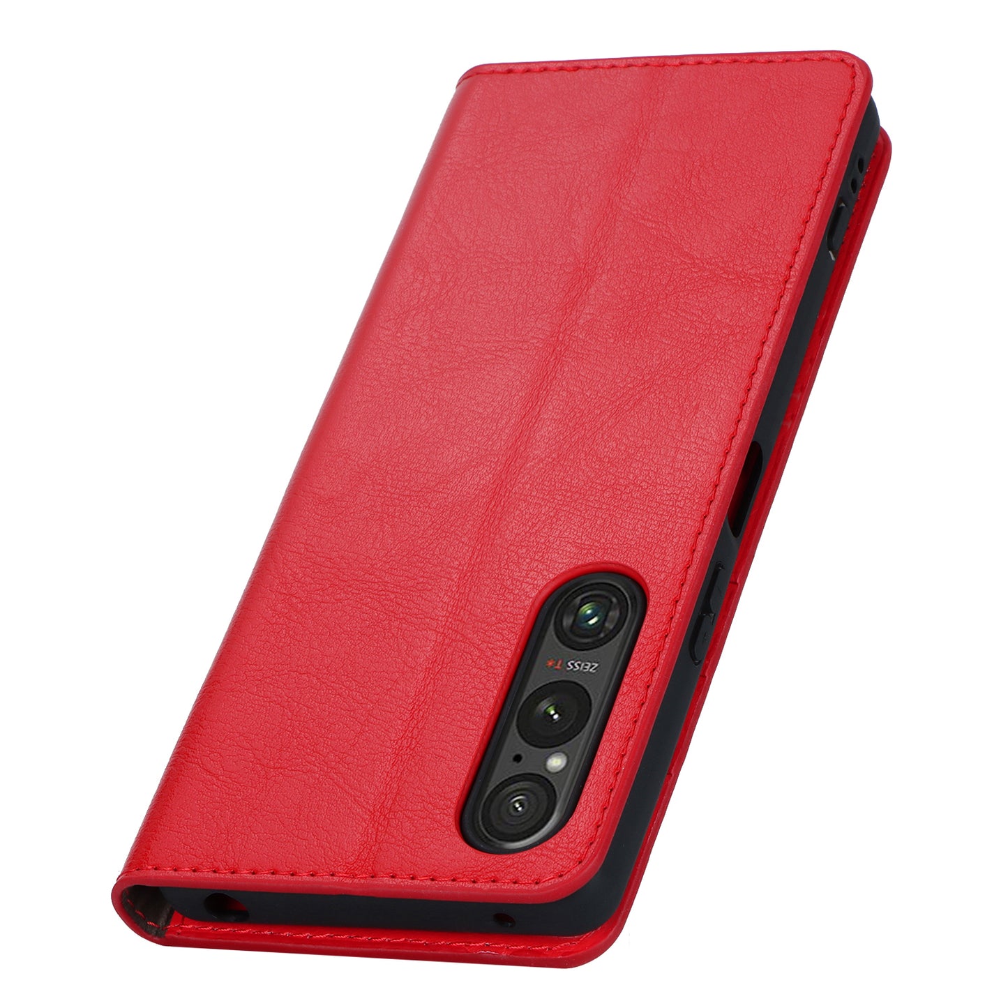 Uniqkart for Sony Xperia 1 V Stand Flip Wallet Crazy Horse Texture Genuine Cow Leather Cover Phone Case - Red