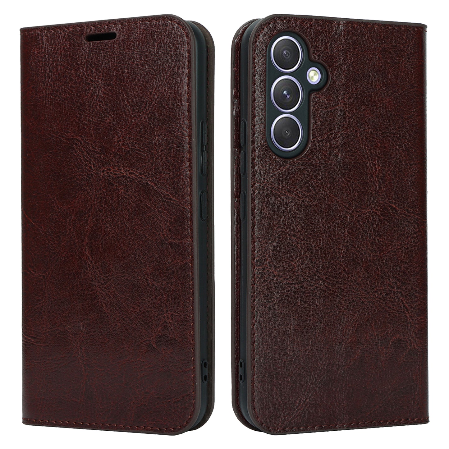 Stand Wallet for Samsung Galaxy A54 5G Crazy Horse Texture Genuine Cow Leather Cover Phone Case - Dark Brown