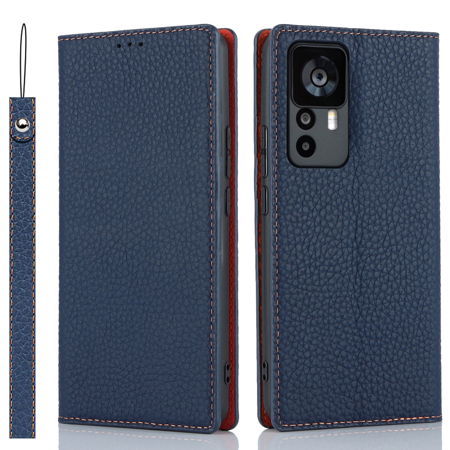 Stand Wallet Cover for Xiaomi 12T 5G / 12T Pro 5G / Redmi K50 Ultra Litchi Texture Genuine Cow Leather Phone Case with Strap - Dark Blue