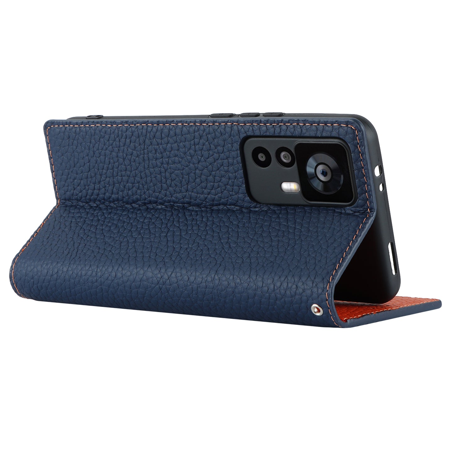 Stand Wallet Cover for Xiaomi 12T 5G / 12T Pro 5G / Redmi K50 Ultra Litchi Texture Genuine Cow Leather Phone Case with Strap - Dark Blue