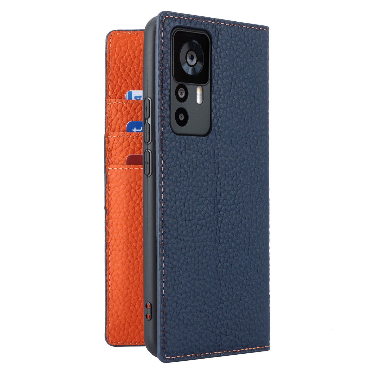 Stand Wallet Cover for Xiaomi 12T 5G / 12T Pro 5G / Redmi K50 Ultra Litchi Texture Genuine Cow Leather Phone Case with Strap - Dark Blue
