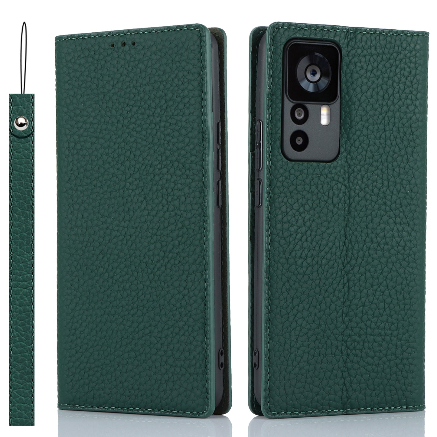 Stand Wallet Cover for Xiaomi 12T 5G / 12T Pro 5G / Redmi K50 Ultra Litchi Texture Genuine Cow Leather Phone Case with Strap - Green