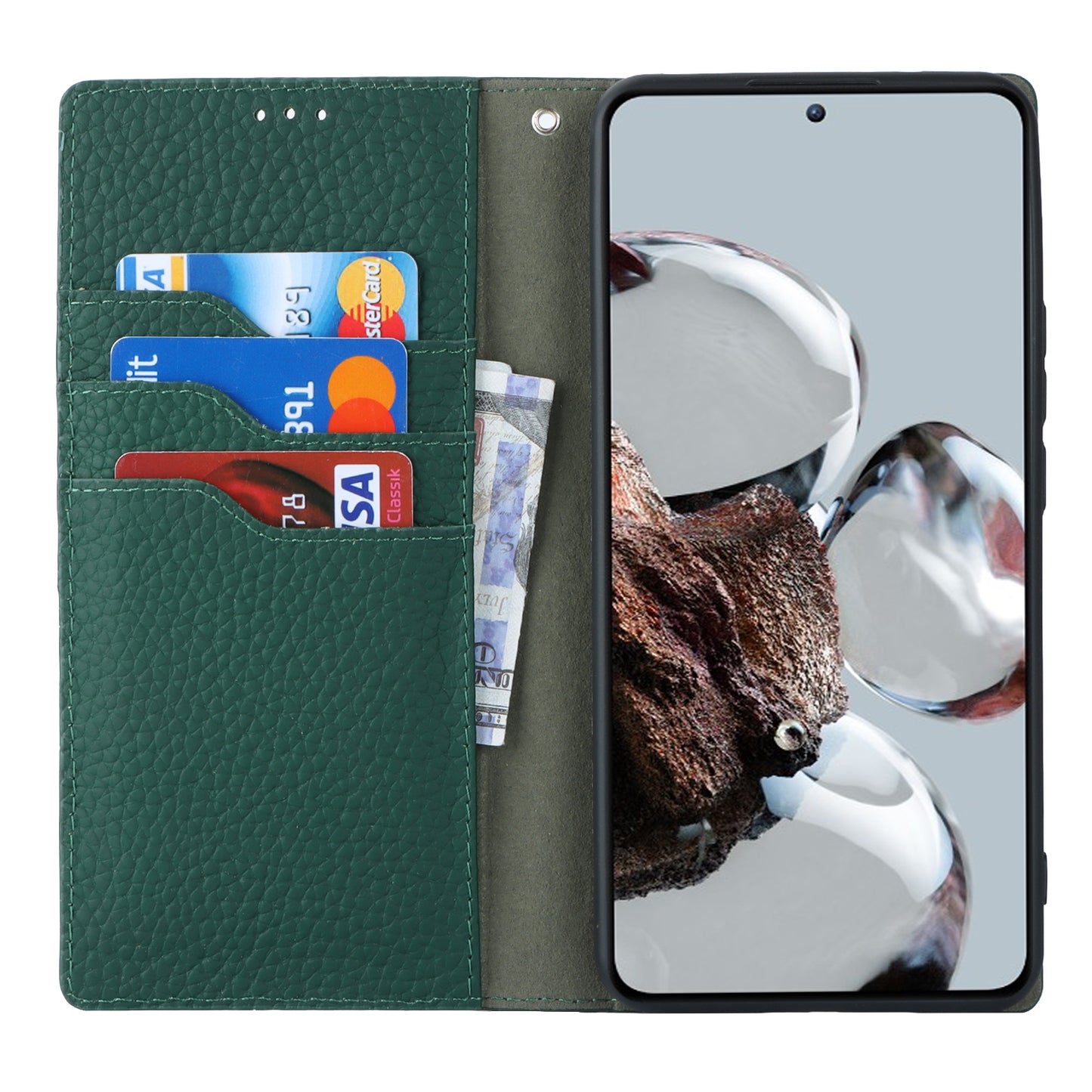 Stand Wallet Cover for Xiaomi 12T 5G / 12T Pro 5G / Redmi K50 Ultra Litchi Texture Genuine Cow Leather Phone Case with Strap - Green