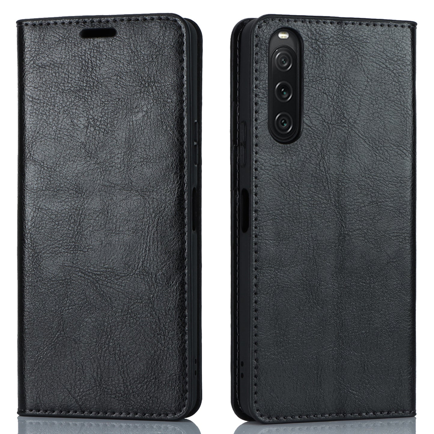 Stand Wallet for Sony Xperia 10 V Crazy Horse Texture Phone Case Genuine Cow Leather Cover - Black