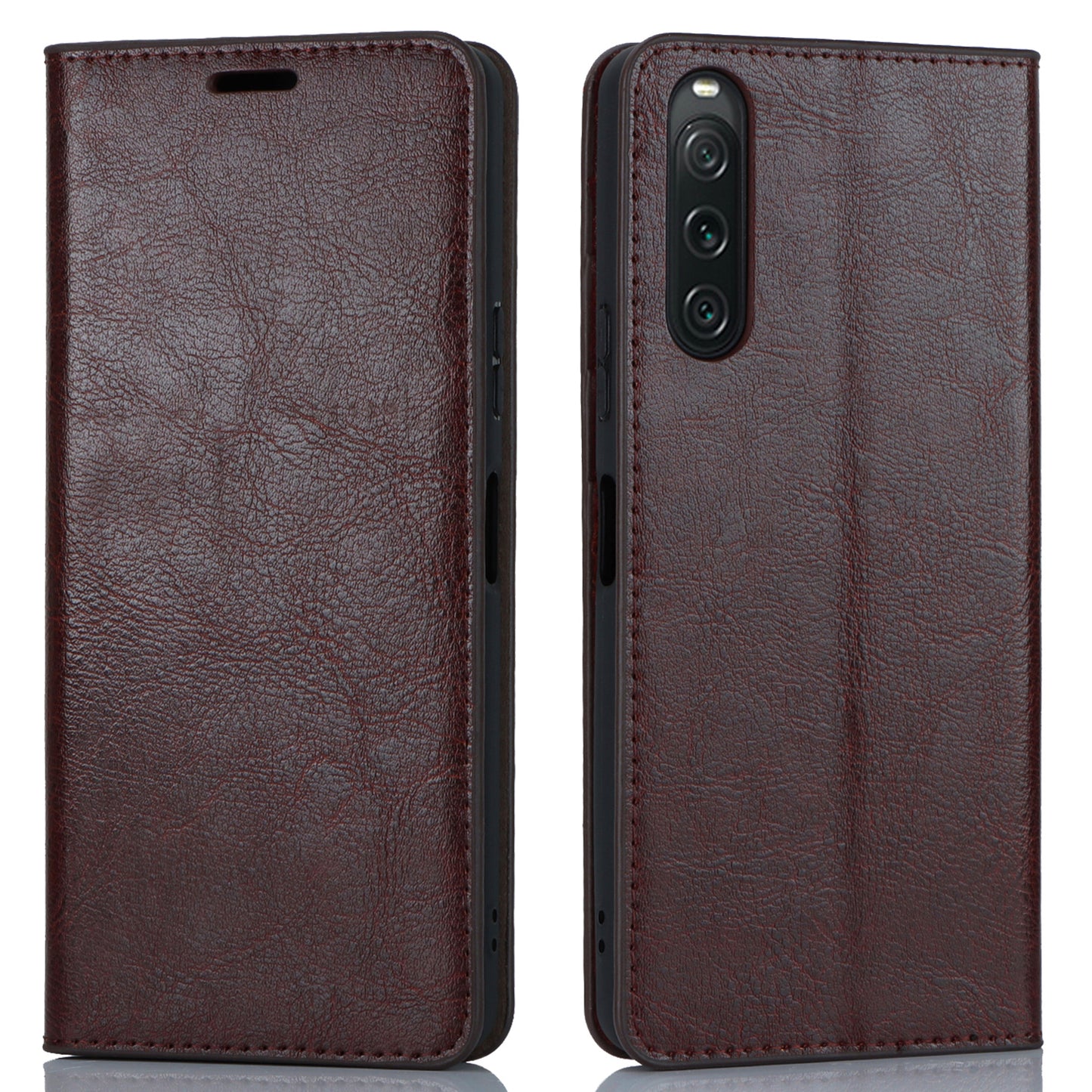 Stand Wallet for Sony Xperia 10 V Crazy Horse Texture Phone Case Genuine Cow Leather Cover - Dark Brown